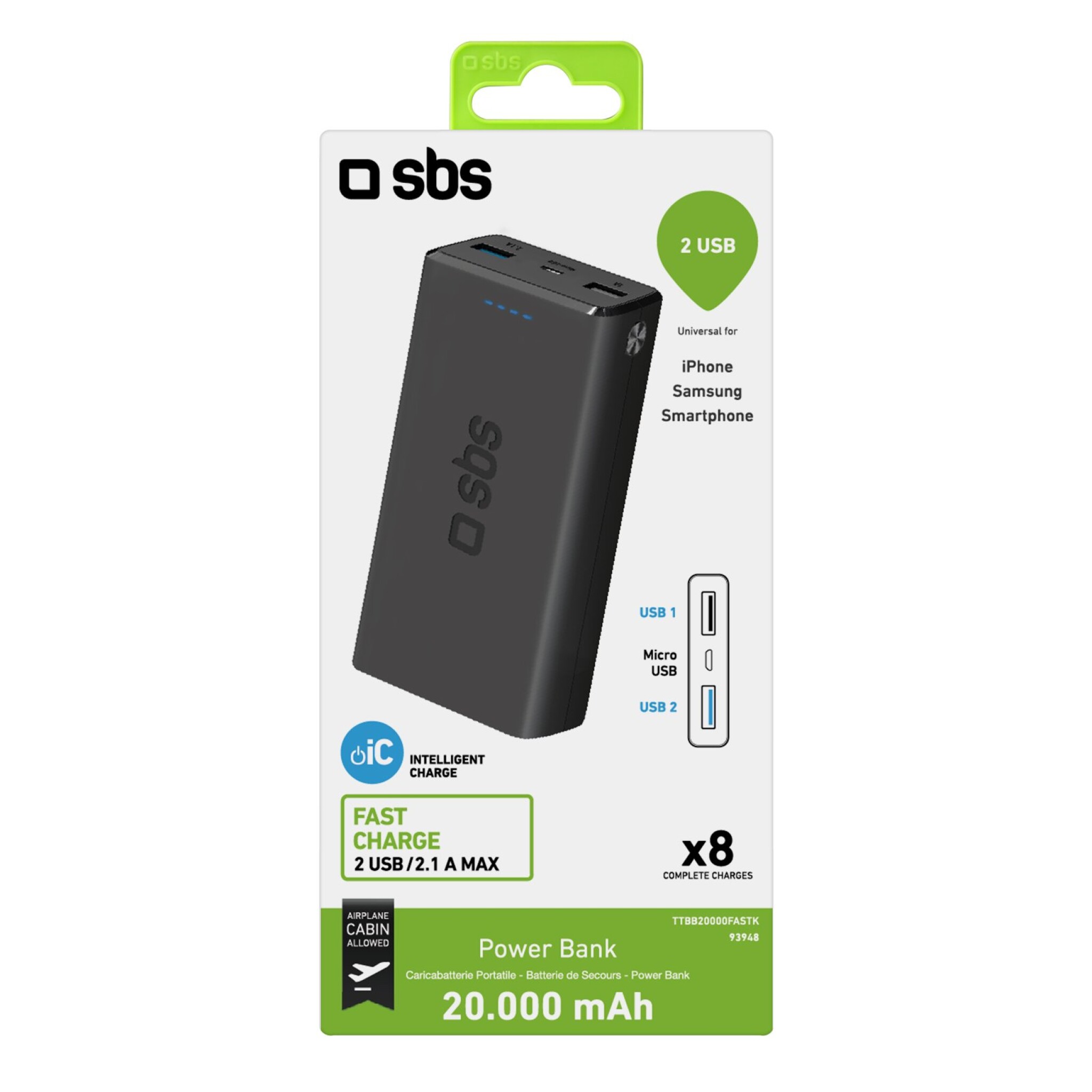 SBS hurtigtopladende powerbank. 20,000 mAh. Sort