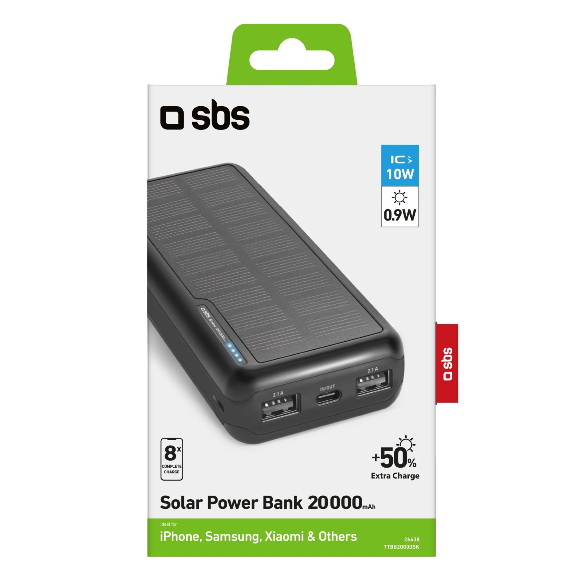 SBS powerbank med solceller. 20.000 mAh. Sort