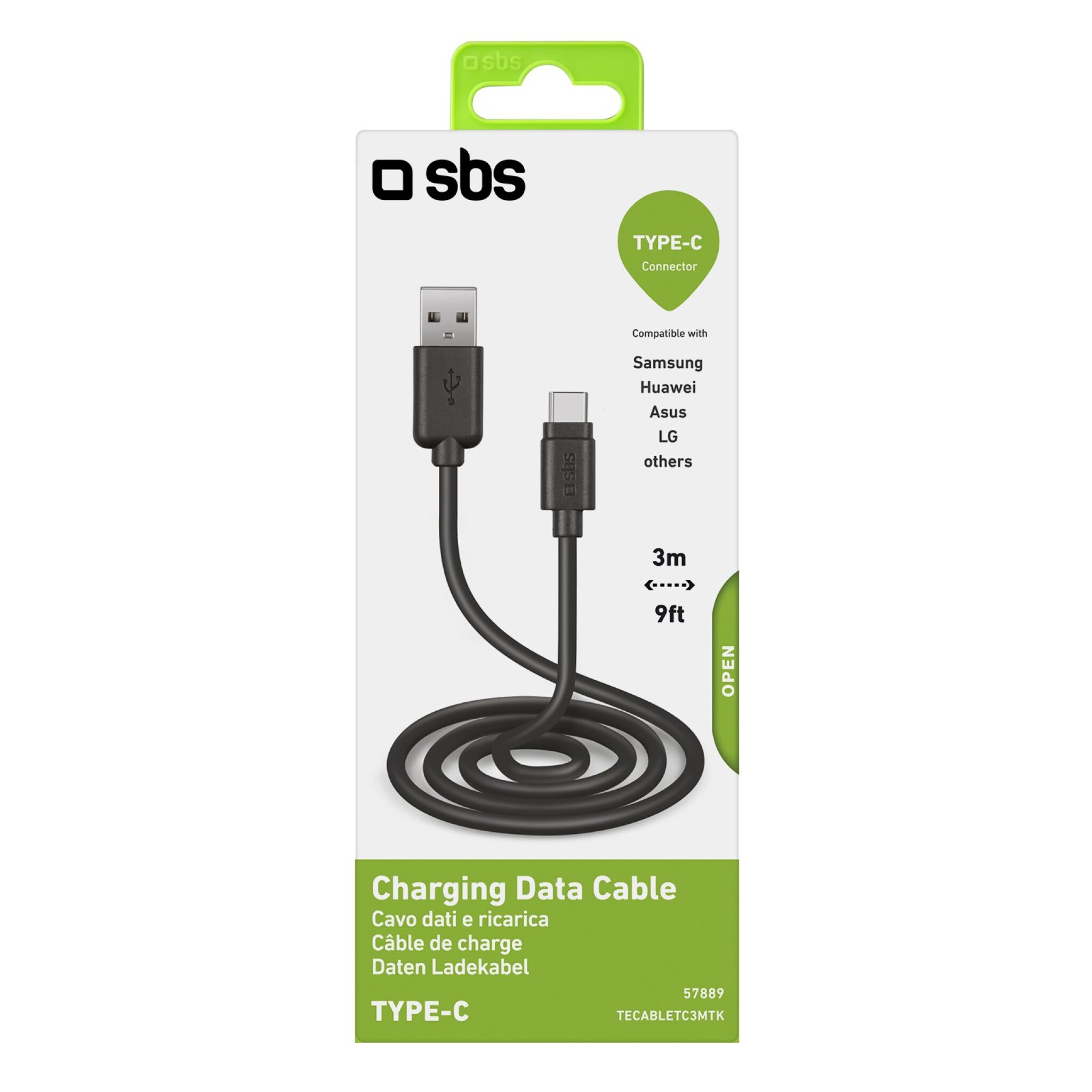 SBS data- og opladningskabel USB 2.0 - USB C. 3m. Sort