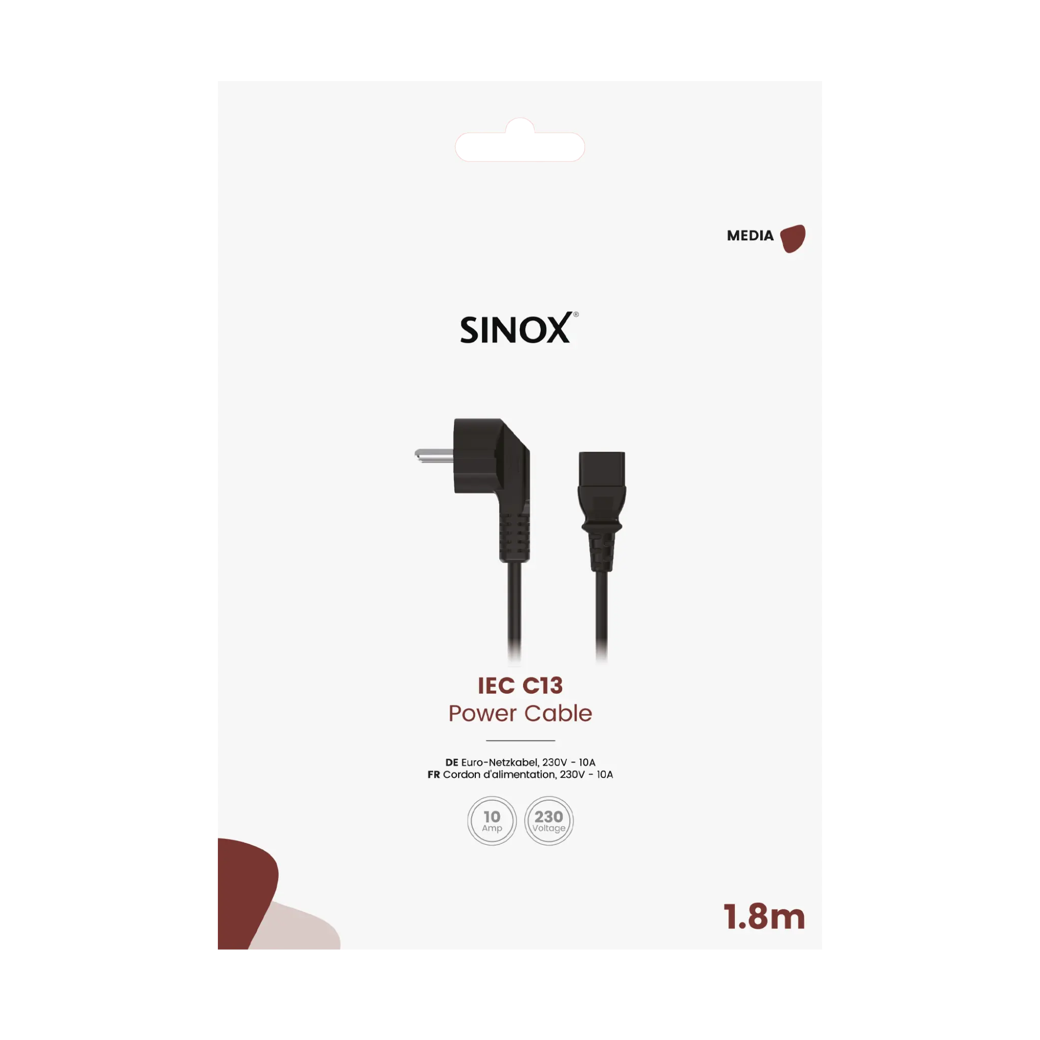 Sinox 3-pin strømkabel. 1,8m. Sort