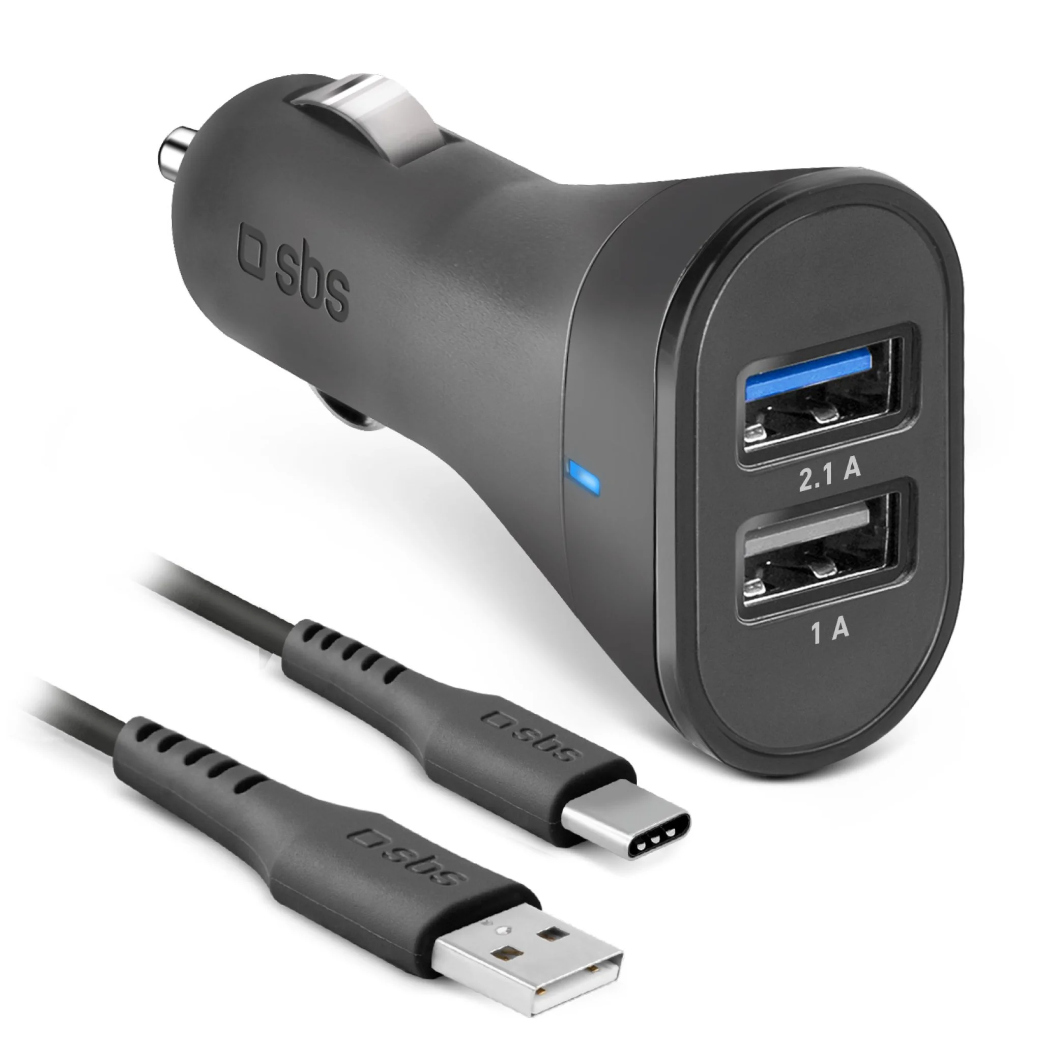 SBS USB C biloplader kit. 1A + 2.1A. 1m. Sort
