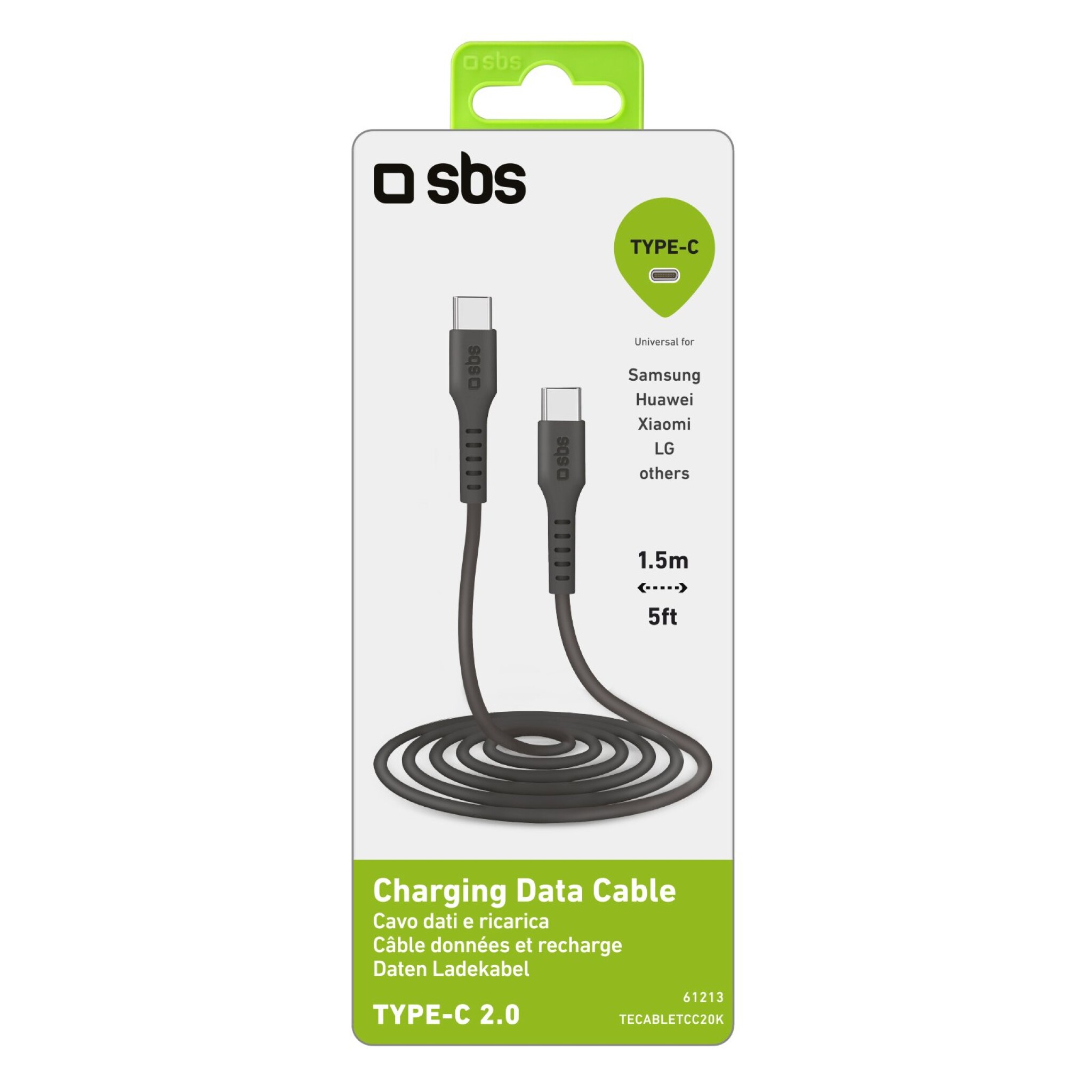 SBS USB C 2.0 kabel. 1,5m. Sort