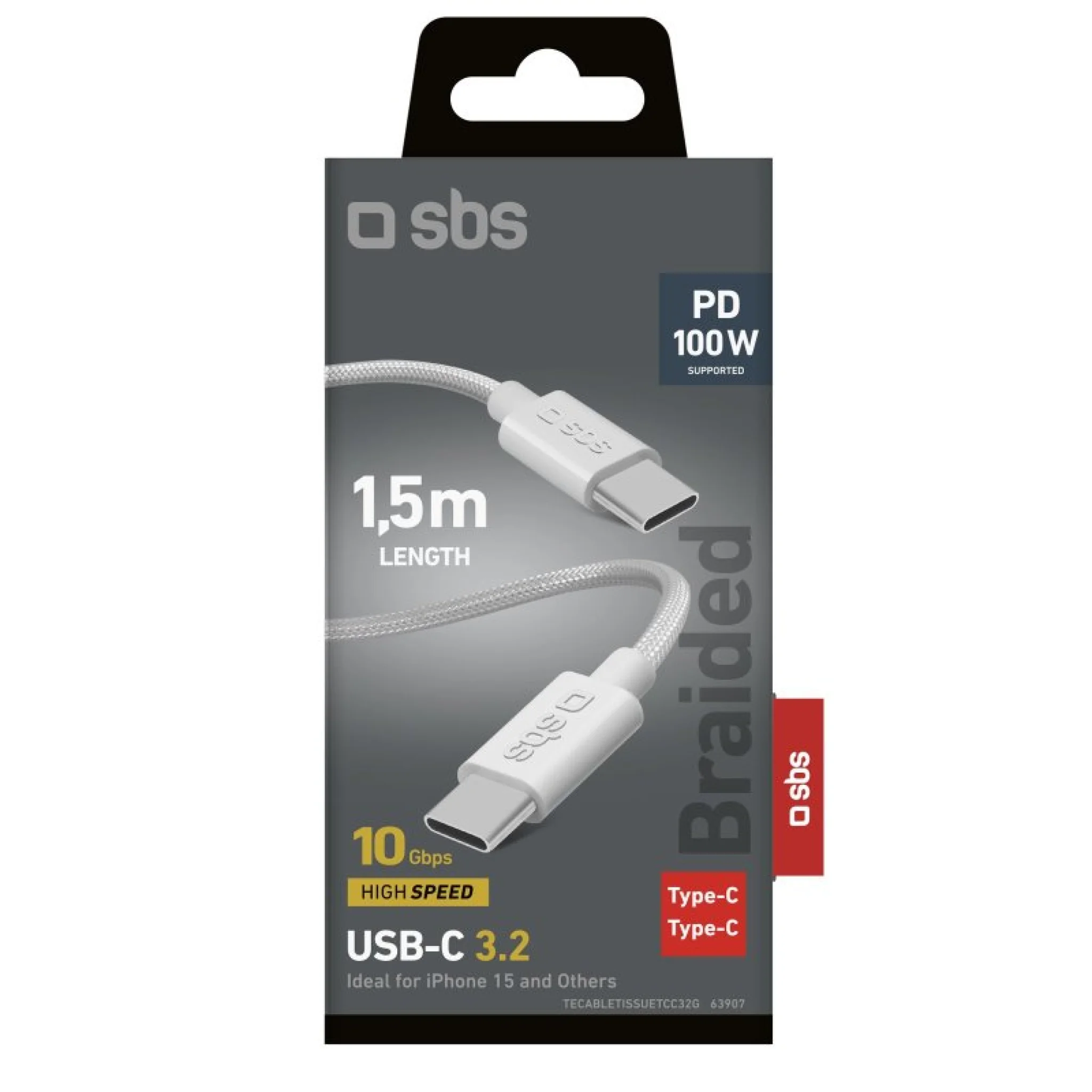 SBS USB-C 3.2 100W PD opladnings- og datakabel. 1.5m. Grå