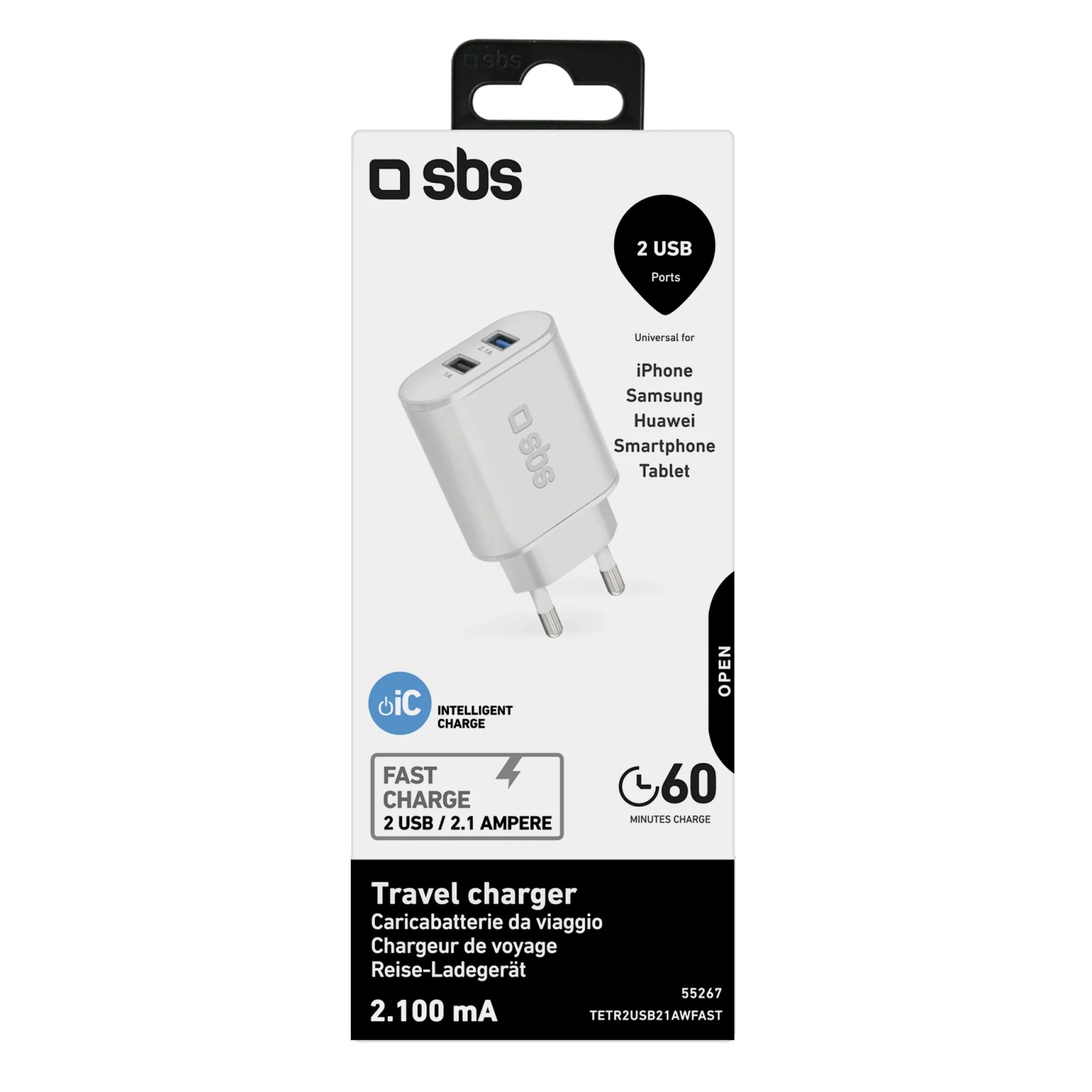 SBS 2100 mAh oplader. 2.1A + 1A. Hvid