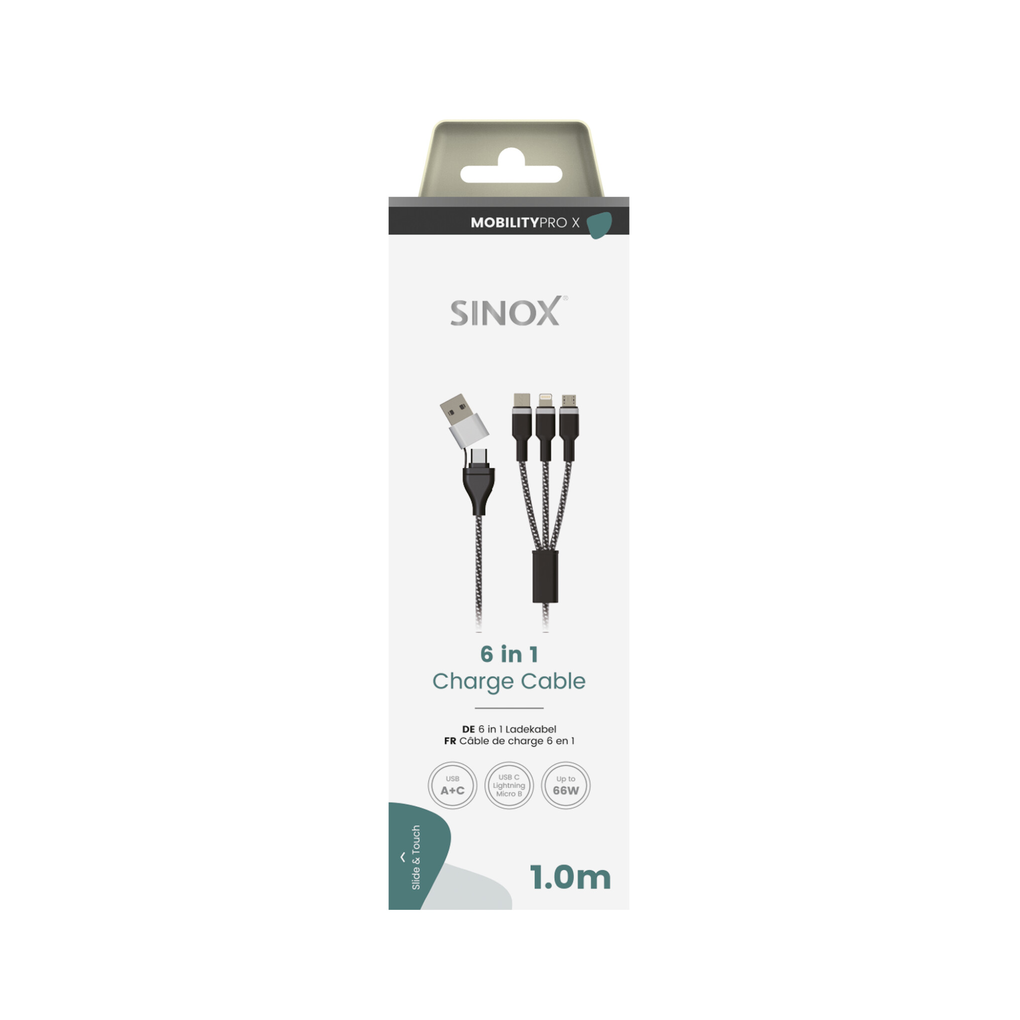 Sinox PRO X 6-i-1 kabel med Lightning, USB C og Micro USB. 1m. Braided