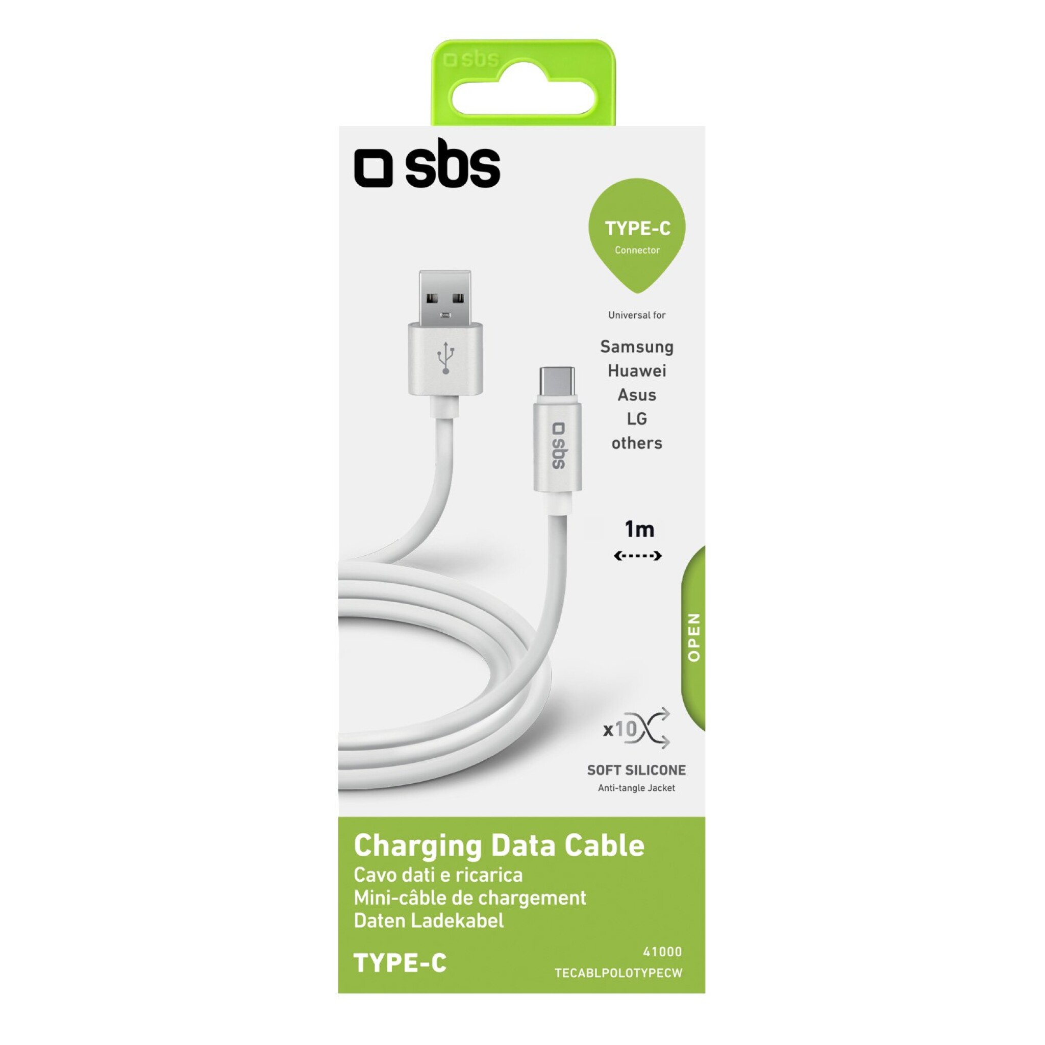 SBS Polo Collection data- og opladningskabel USB 2.0 - USB C. 1m. Hvid