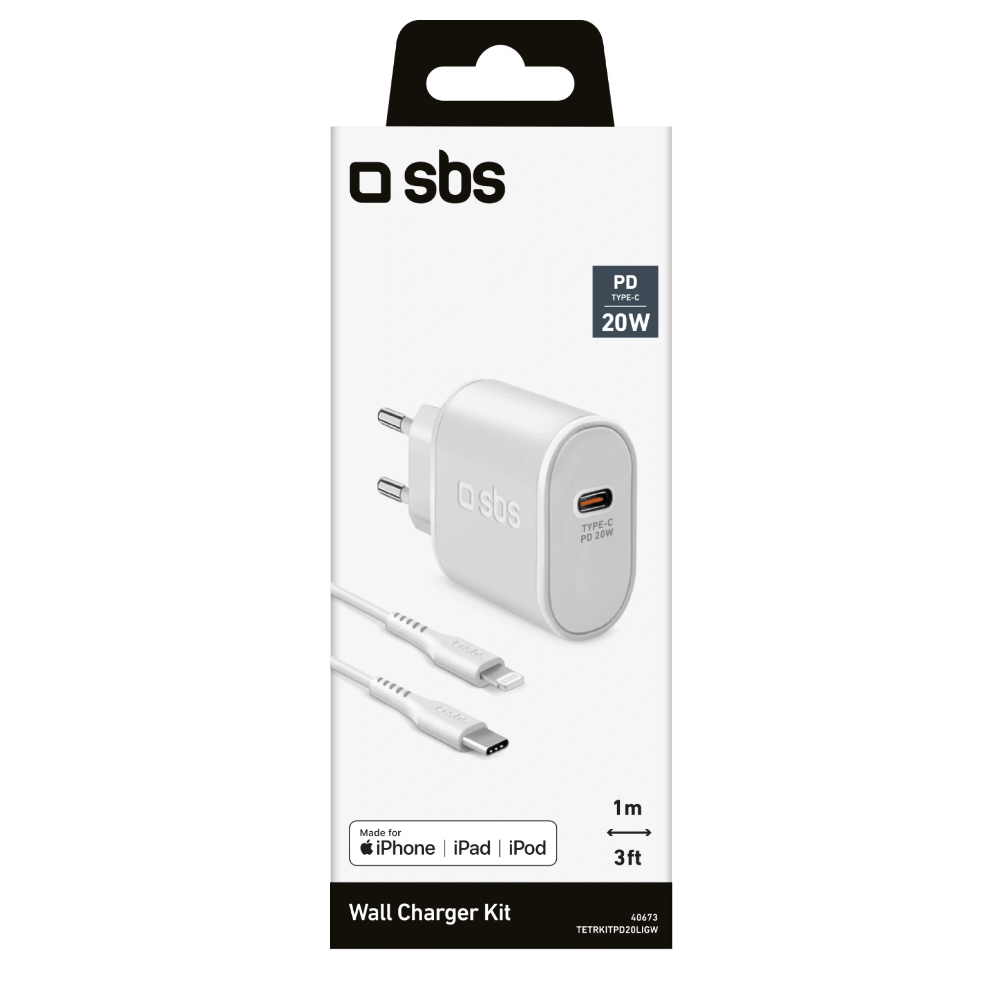 SBS 20W oplader. 1m MFI Lightning kabel. Hvid