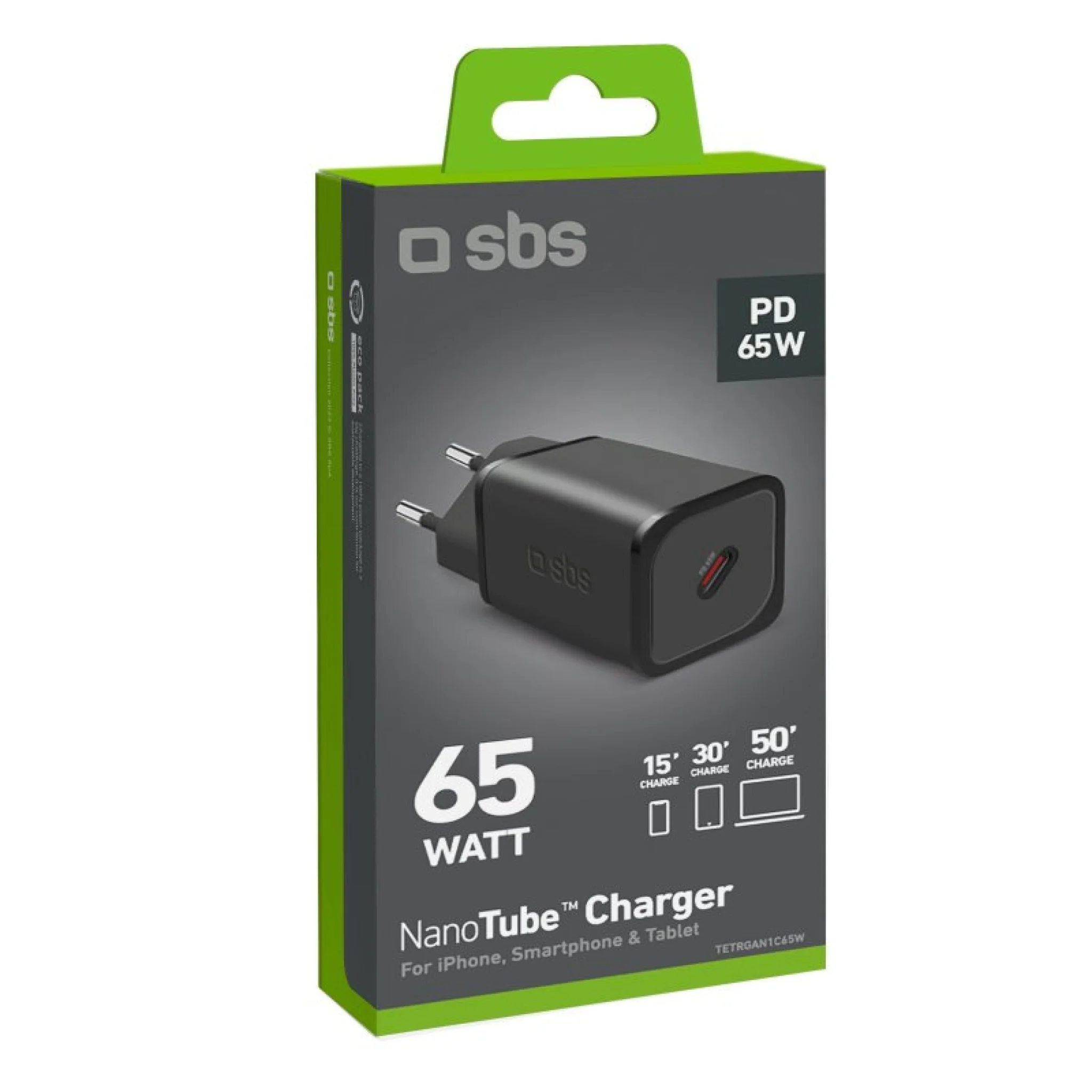 SBS 65 Watt GaN-oplader med PD. Sort