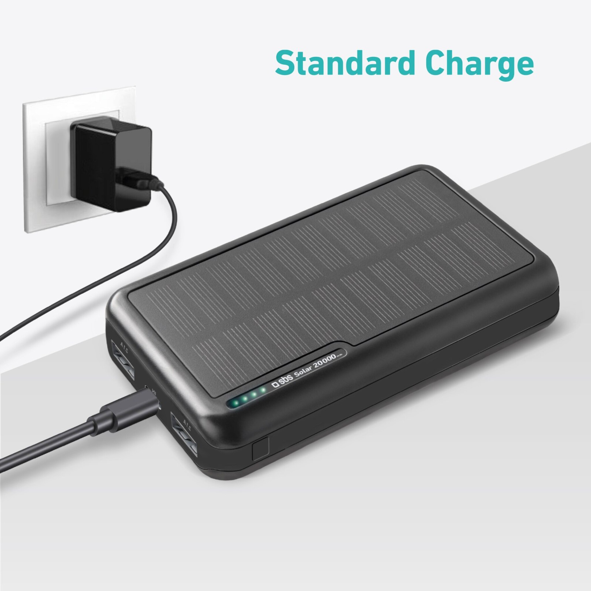 SBS powerbank med solceller. 20.000 mAh. Sort