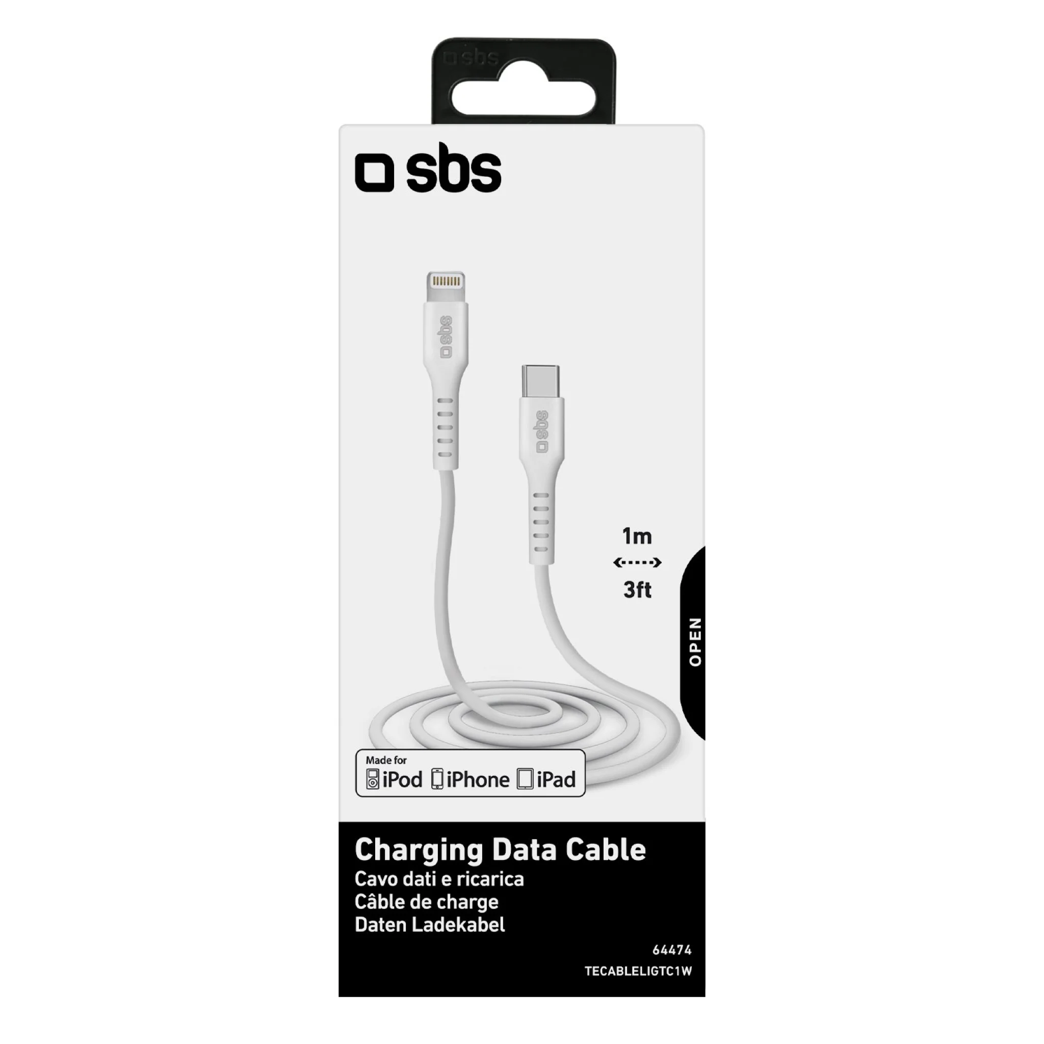 SBS USB C til Lightning kabel. 1m. Hvid