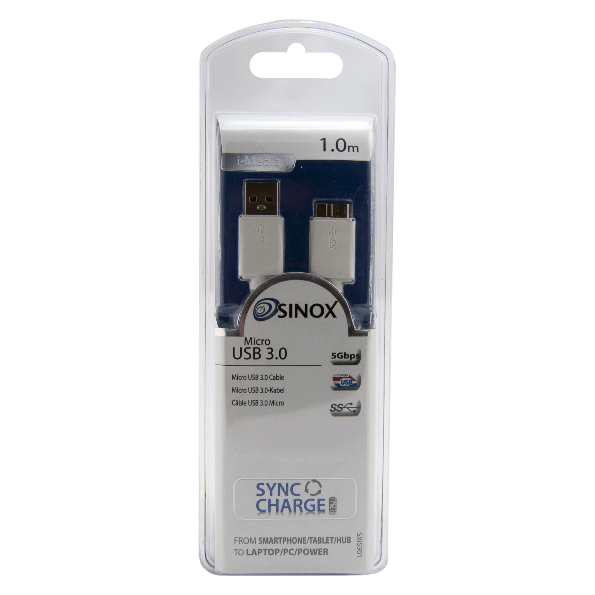 Sinox USB A 3.0 til Micro USB 3.0. 1m. Hvid