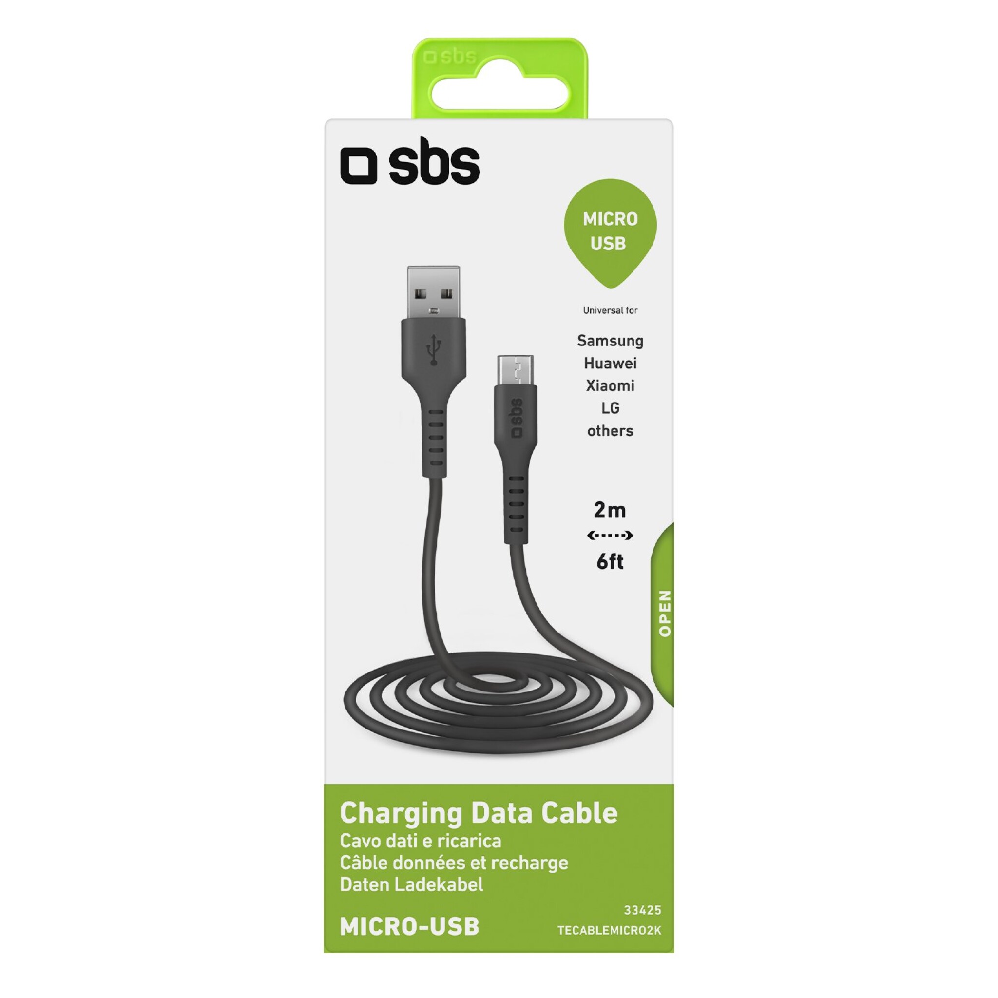 SBS Micro USB kabel. 2m. Sort