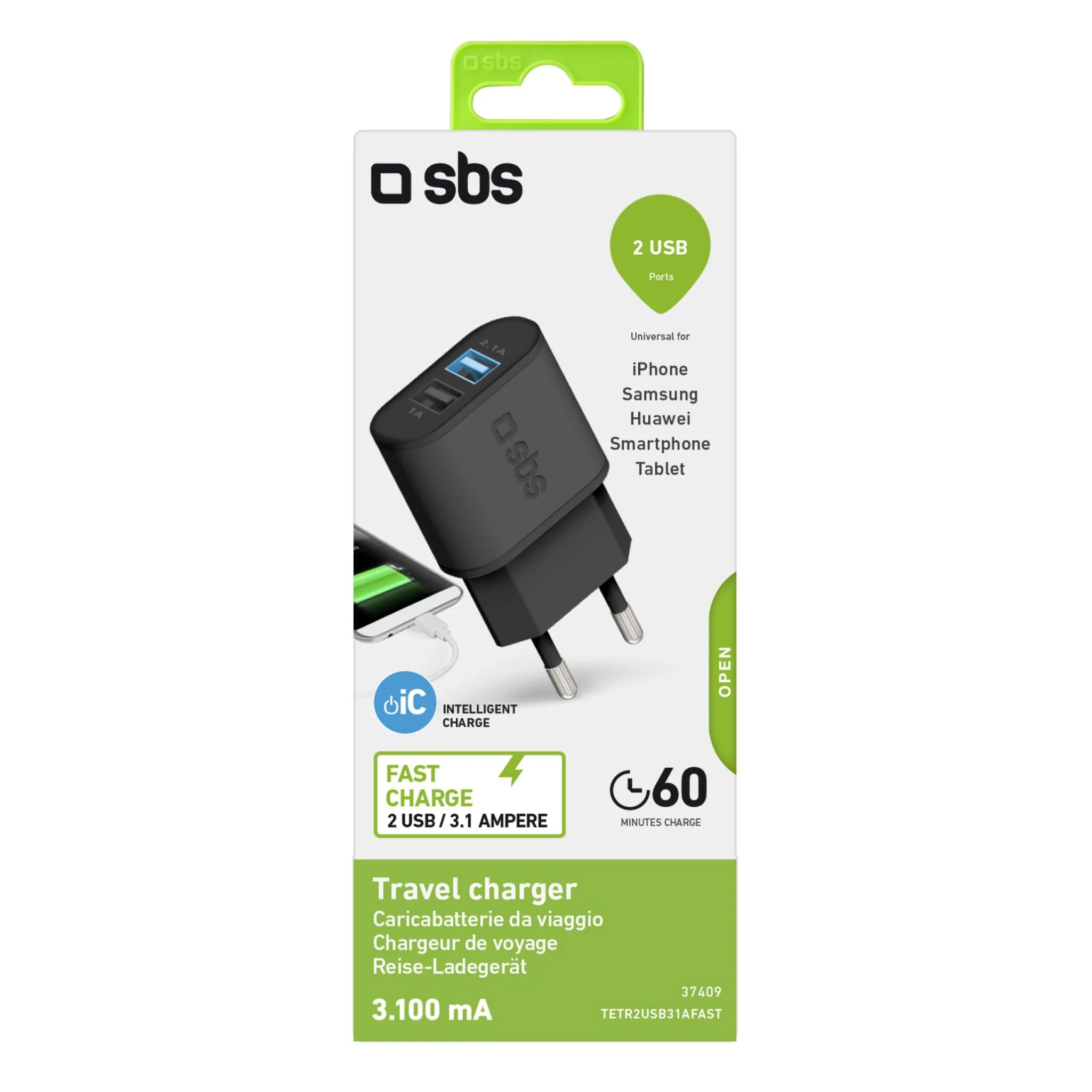 SBS 3100 mAh oplader. 2.1A + 1A. Sort