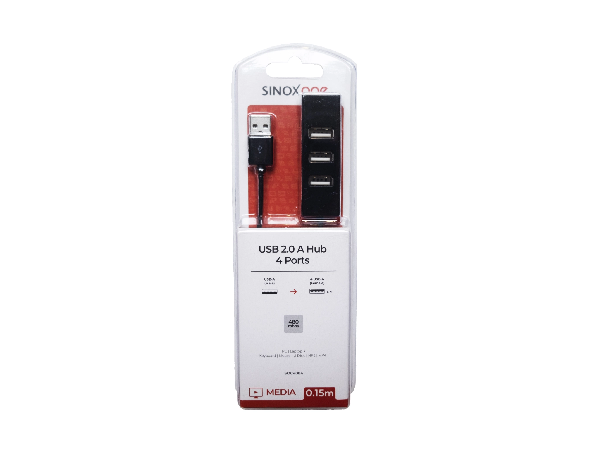Sinox One USB 2.0 4-port. 0,15m. Sort
