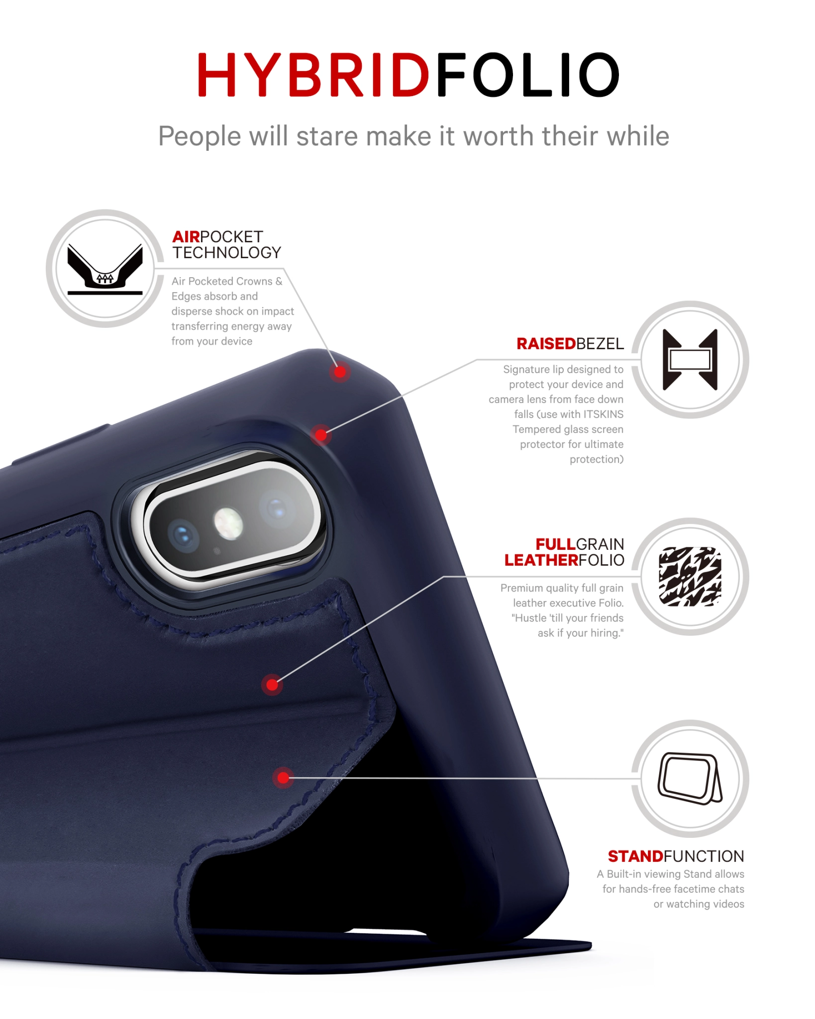 ITSKINS HYBRID FOLIO cover til iPhone XS / X®. Navy blå med genanvendt læder