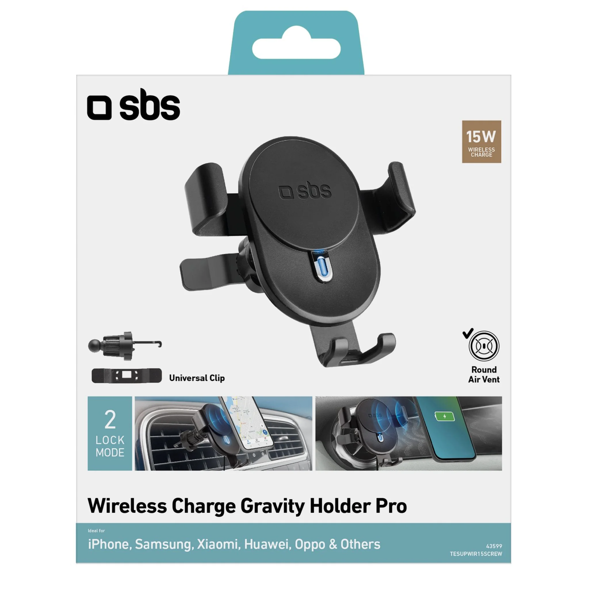 SBS Pro mobilholder til bilen med trådløs opladning. 15W