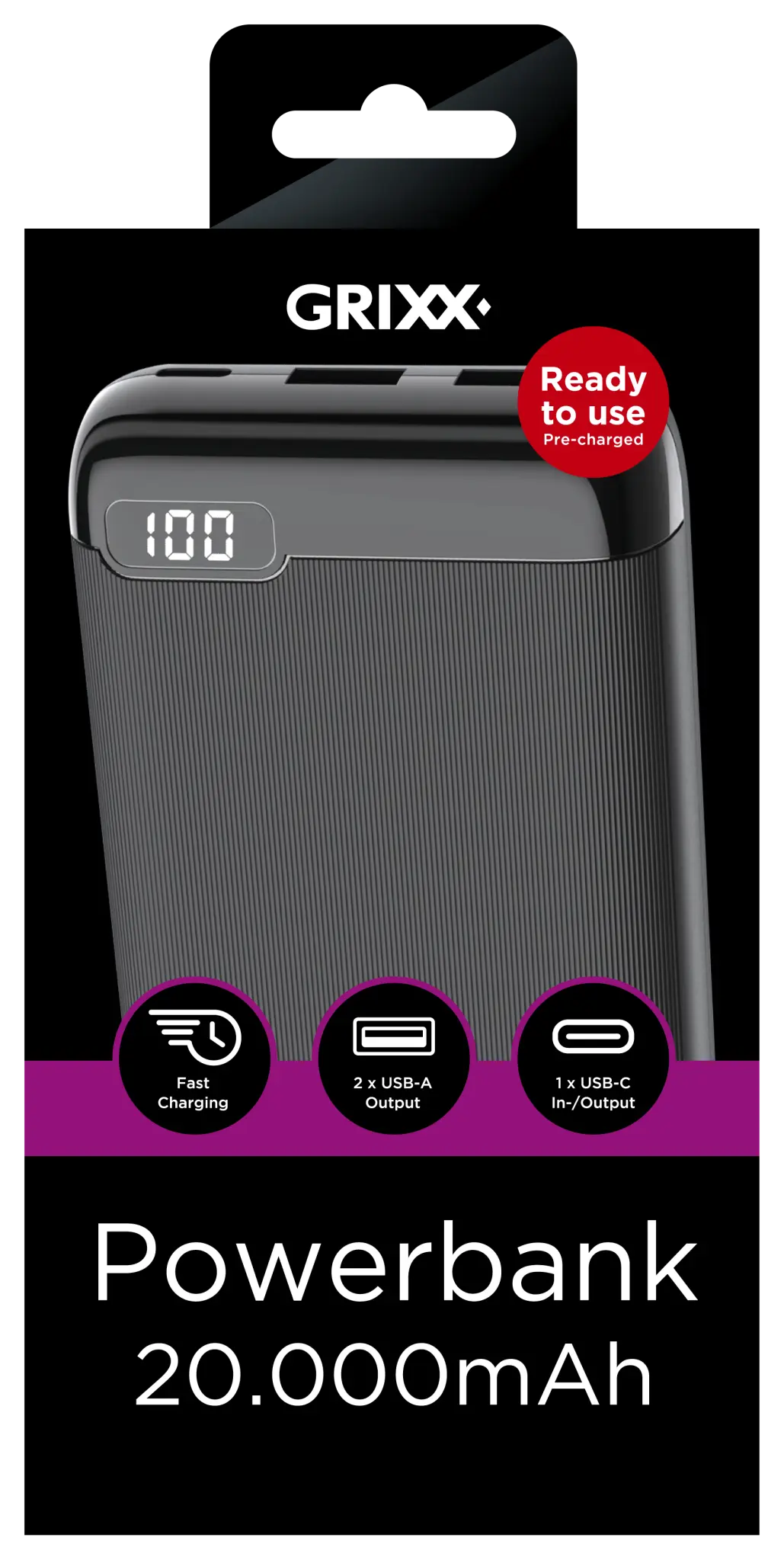 Grixx Powerbank 20.000mAh. Sort