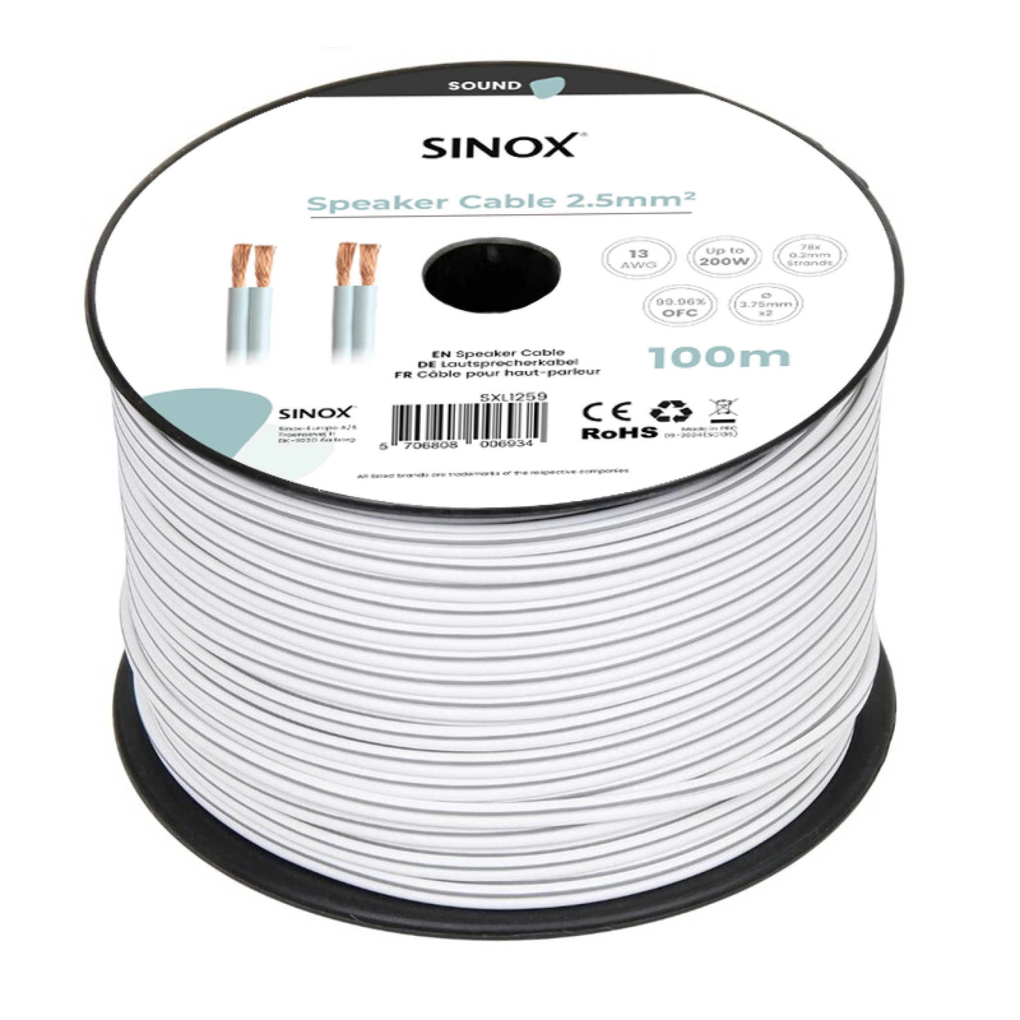 Sinox højttalerkabel 2x2,5mm. Hvid