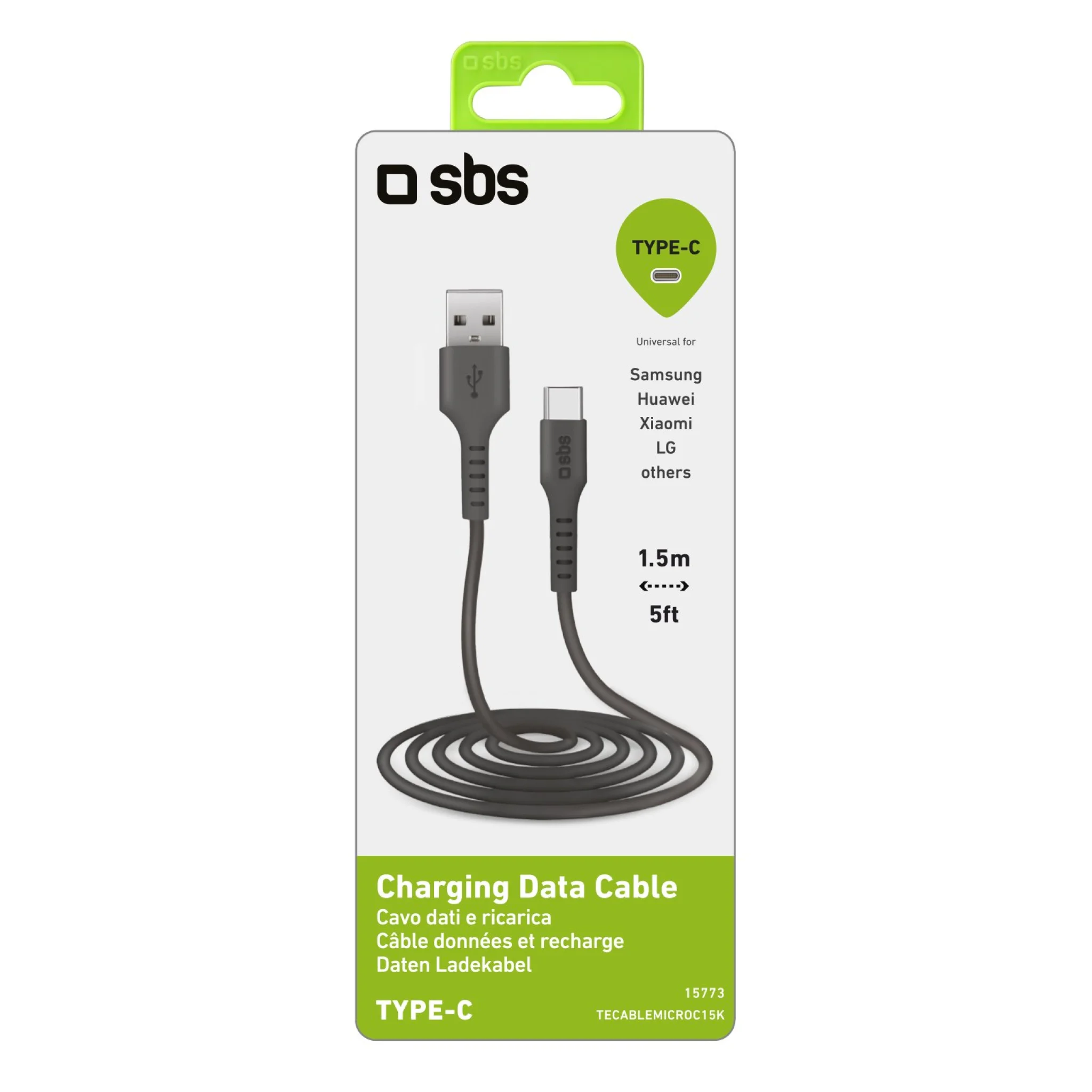 SBS USB C til USB A kabel. 1,5m. Sort