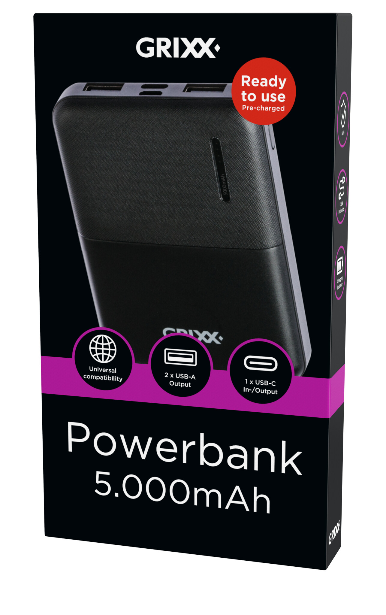 Grixx Powerbank 5.000mAh. Sort