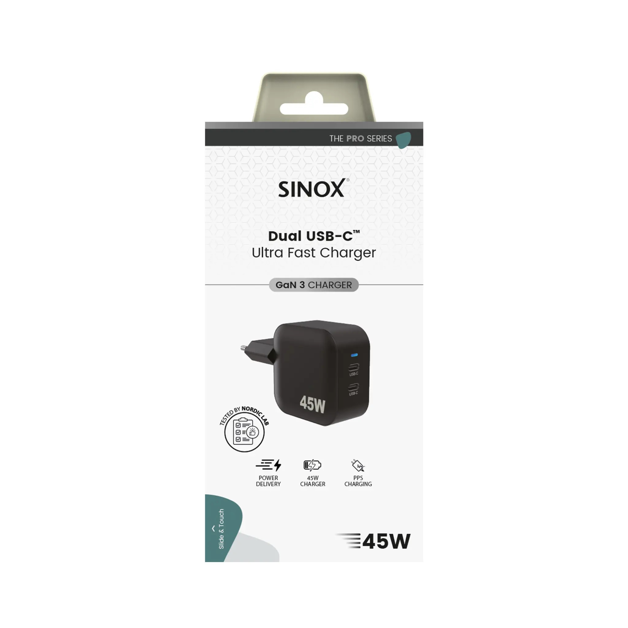 Sinox PRO 2xUSB-C PD oplader 45W. Sort