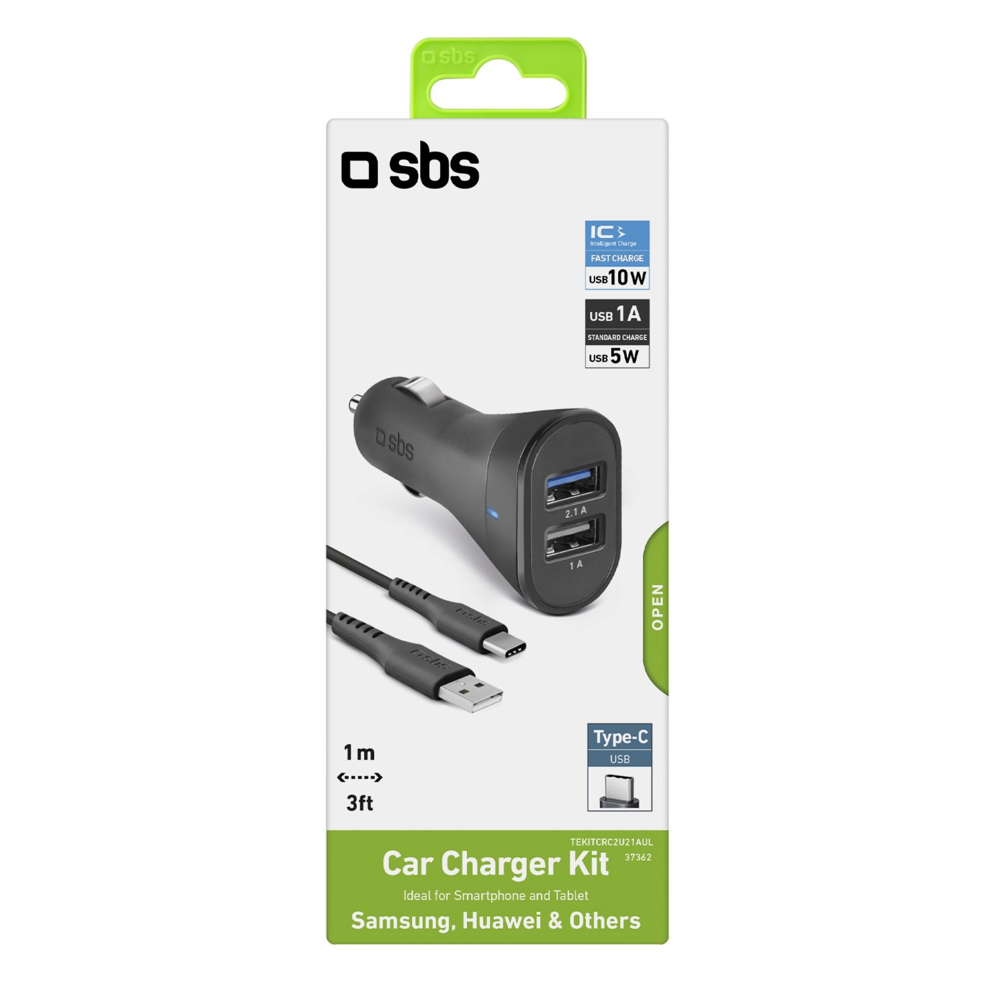 SBS USB C biloplader kit. 1A + 2.1A. 1m. Sort