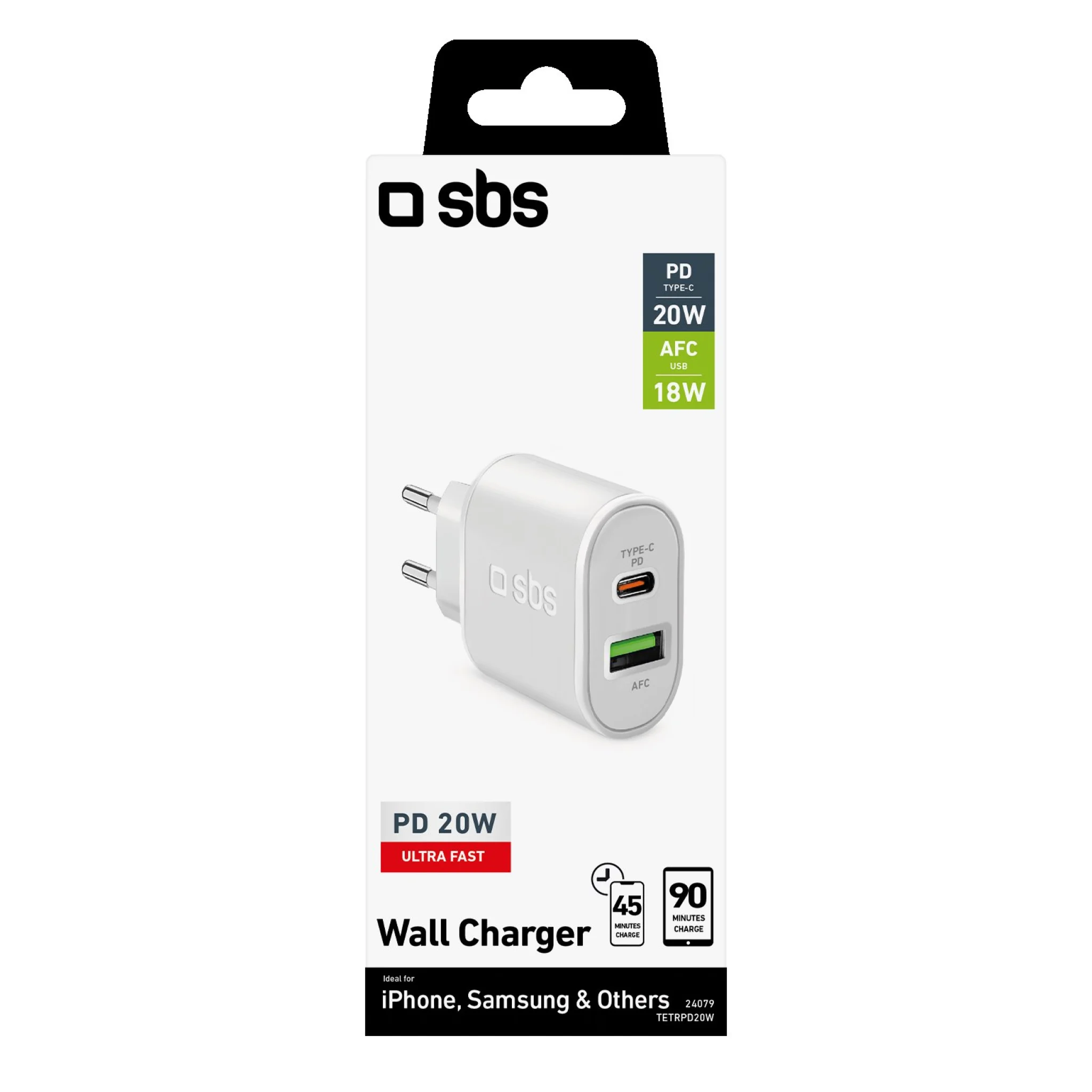 SBS 20W oplader. Hvid