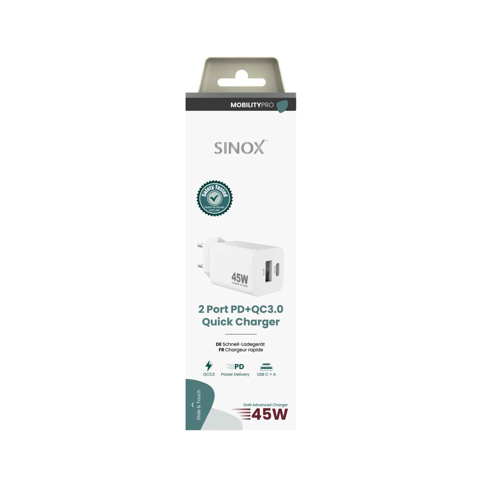 Sinox PRO 230V USB-A+USB-C PD oplader 45W. Hvid