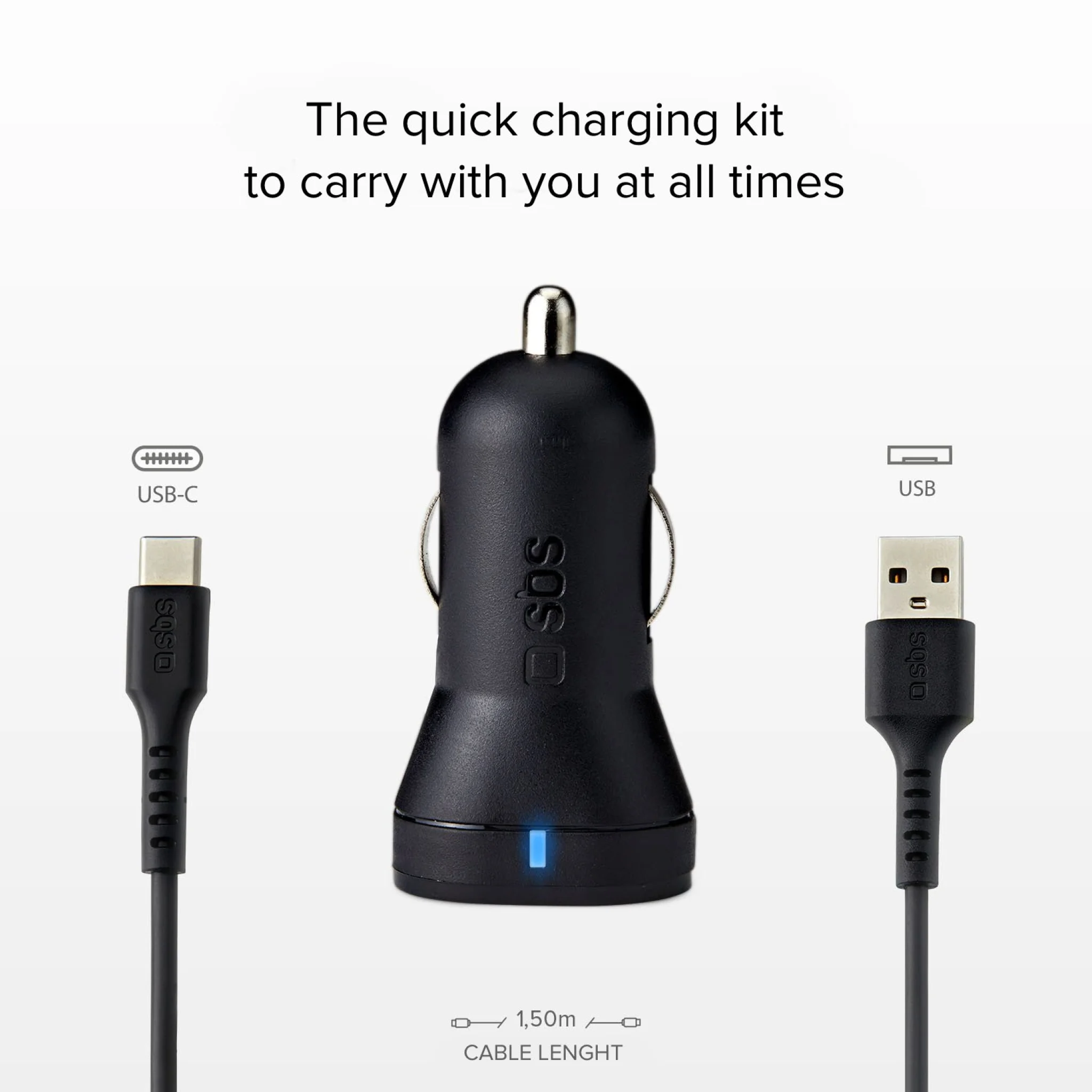 SBS USB C biloplader kit. 1A + 2.1A. 1m. Sort SBS USB C biloplader kit. 1A + 2.1A. 1m. Sort