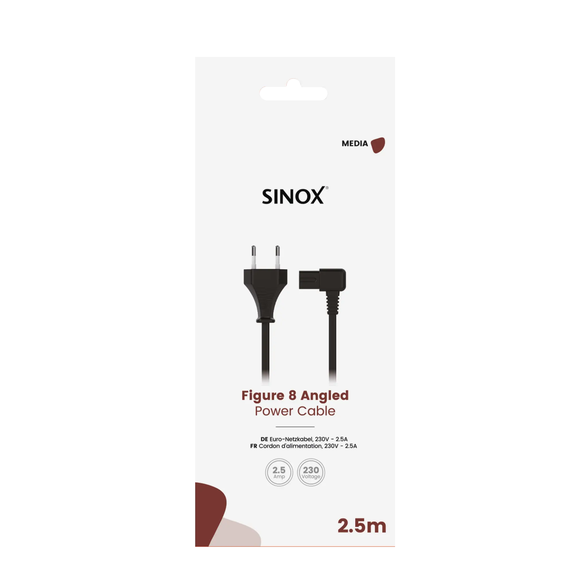 Sinox 8-tals vinkel strømkabel. 2,5m. Sort
