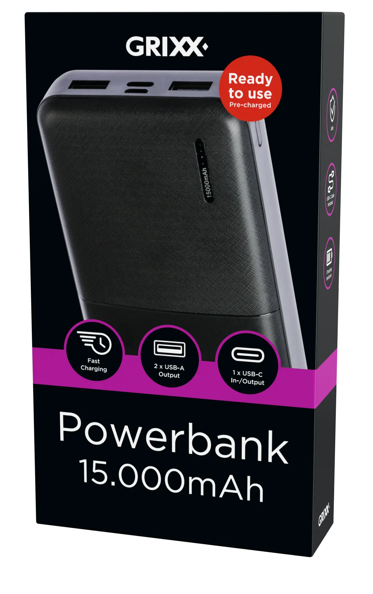 Grixx Powerbank 15.000mAh. Sort