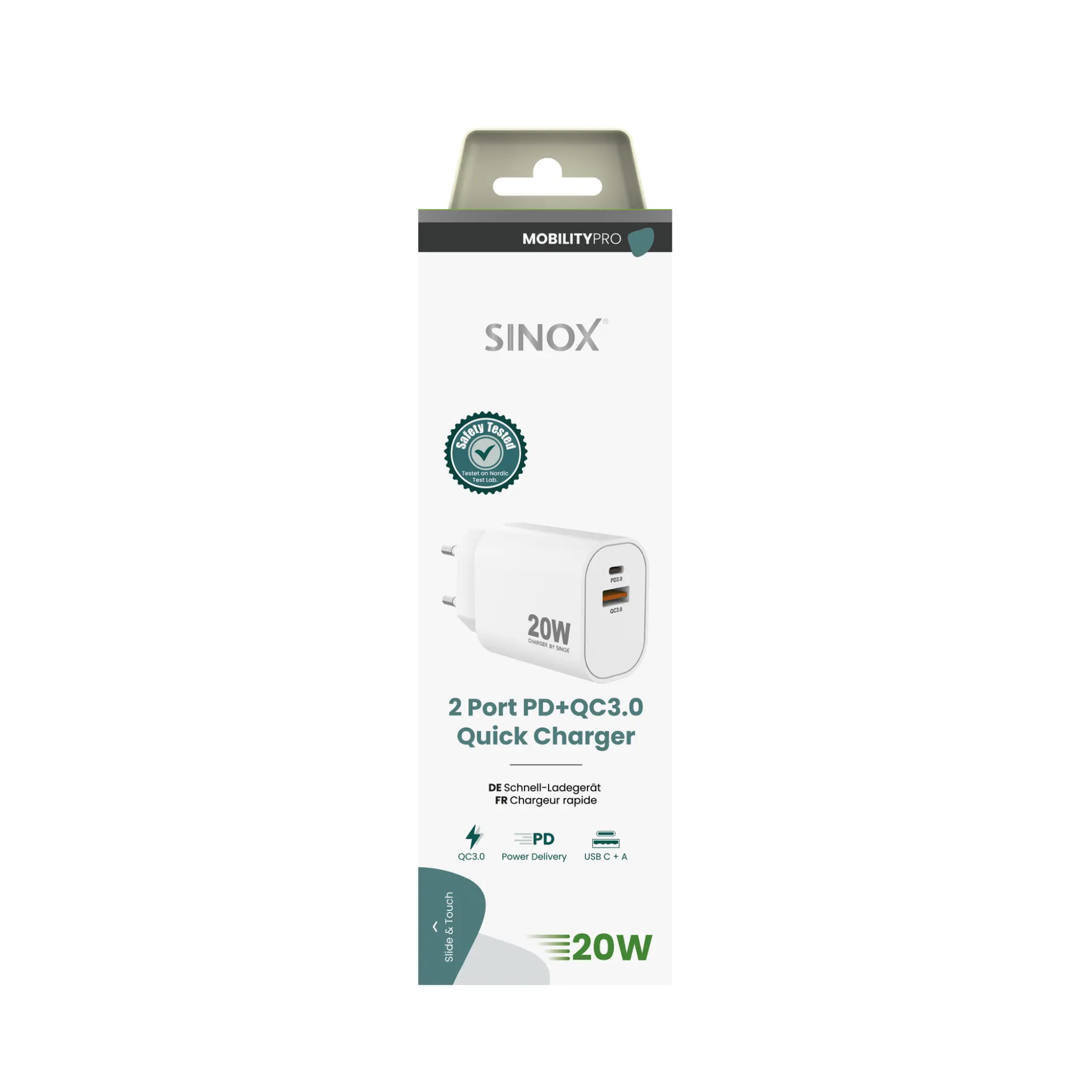Sinox PRO 230V USB-A+USB-C oplader 20W. Hvid