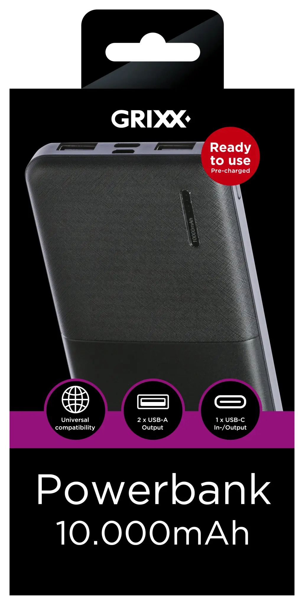 Grixx Powerbank 10.000mAh. Sort