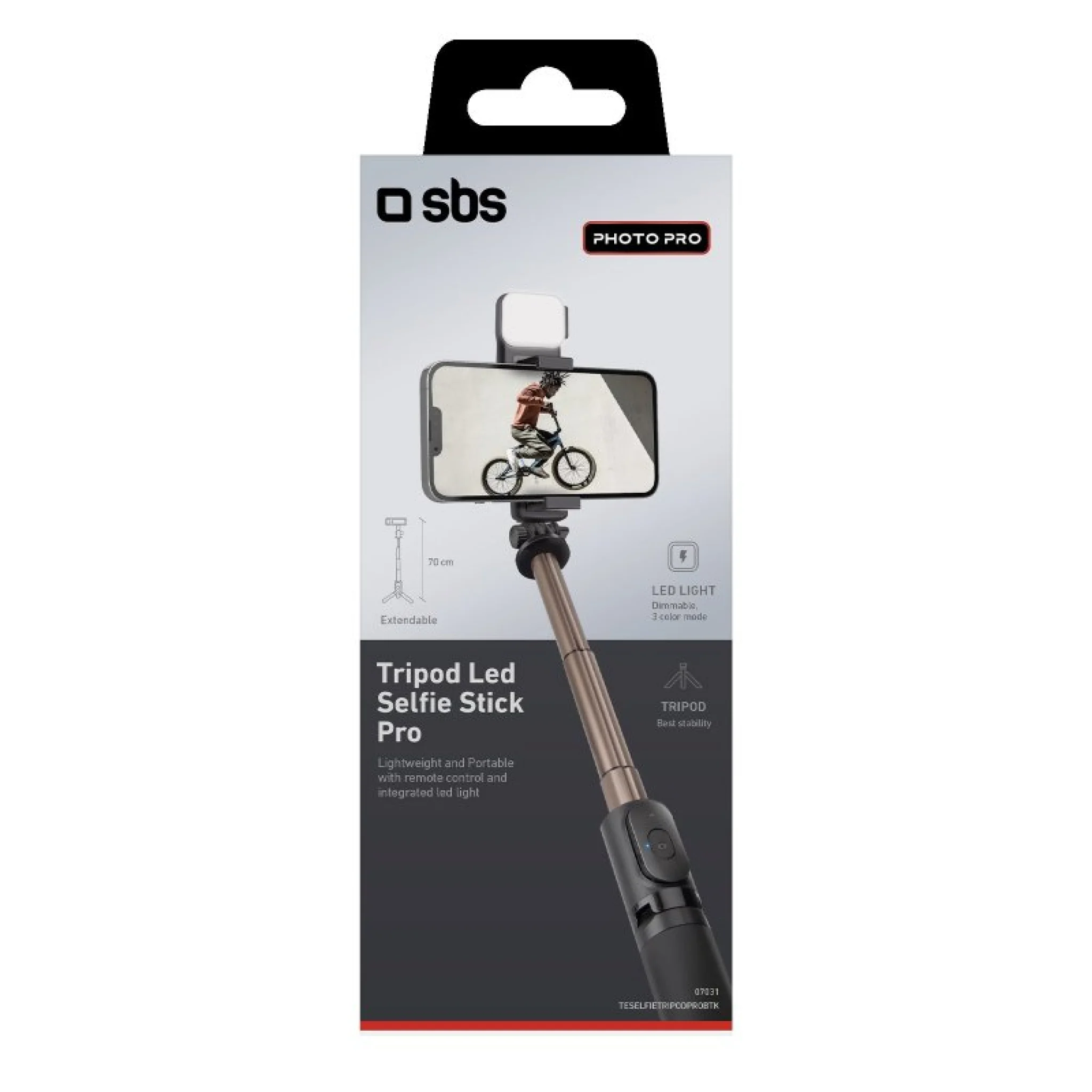 SBS Selfie stick med tripod og LED lys