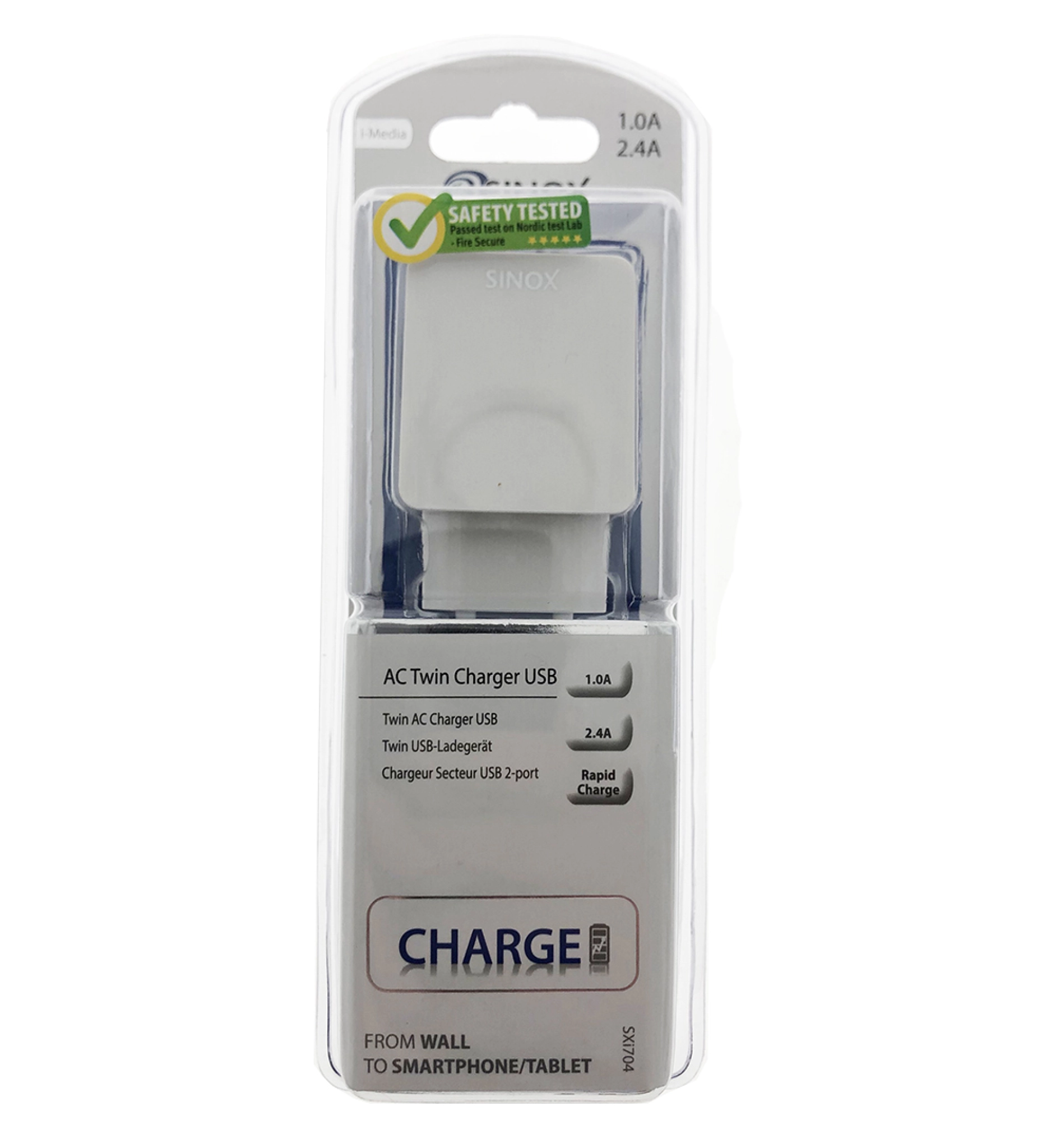 Sinox 230V dobbelt USB A oplader 1,0+2,1A. Hvid