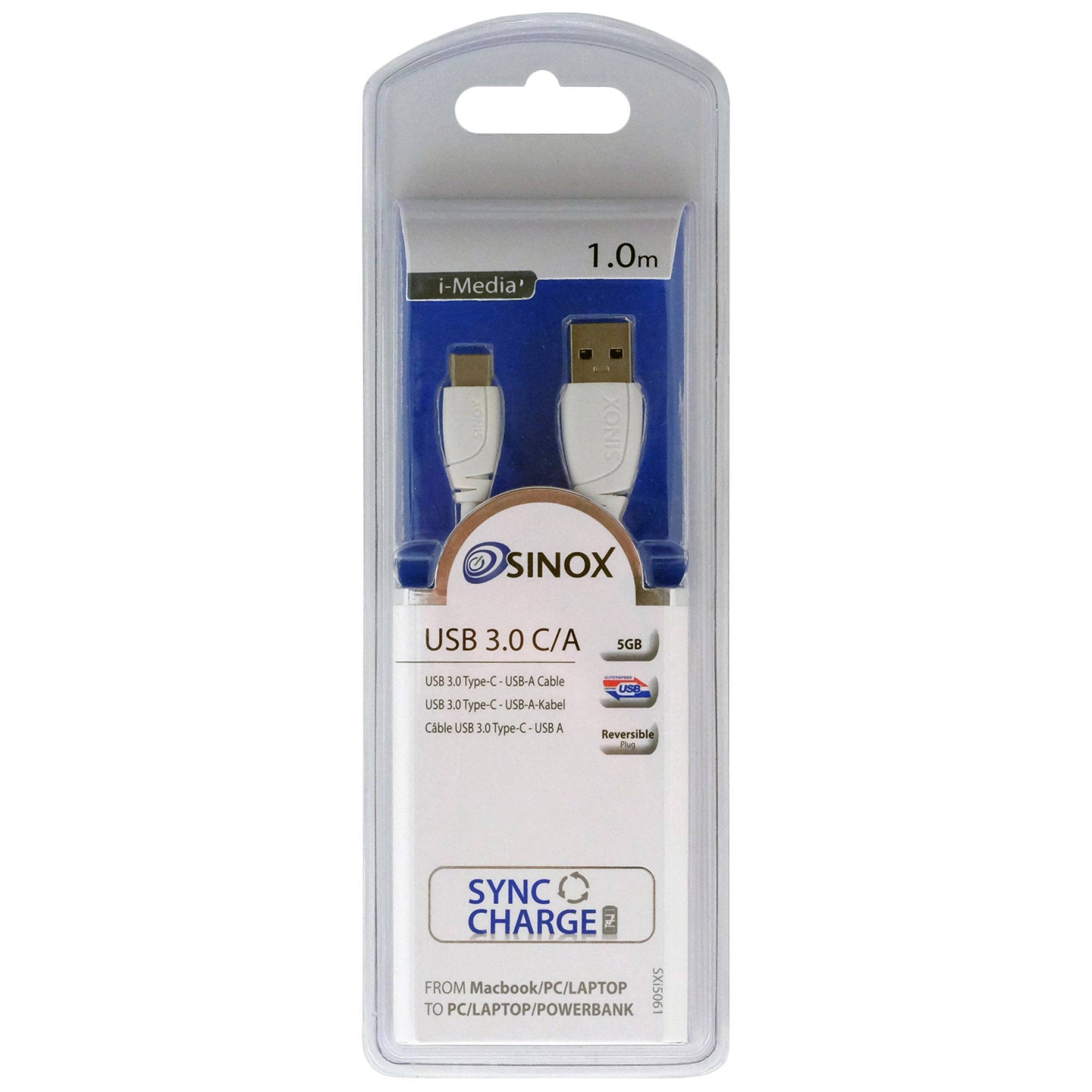Sinox USB C til USB A-kabel. 1m. Hvid