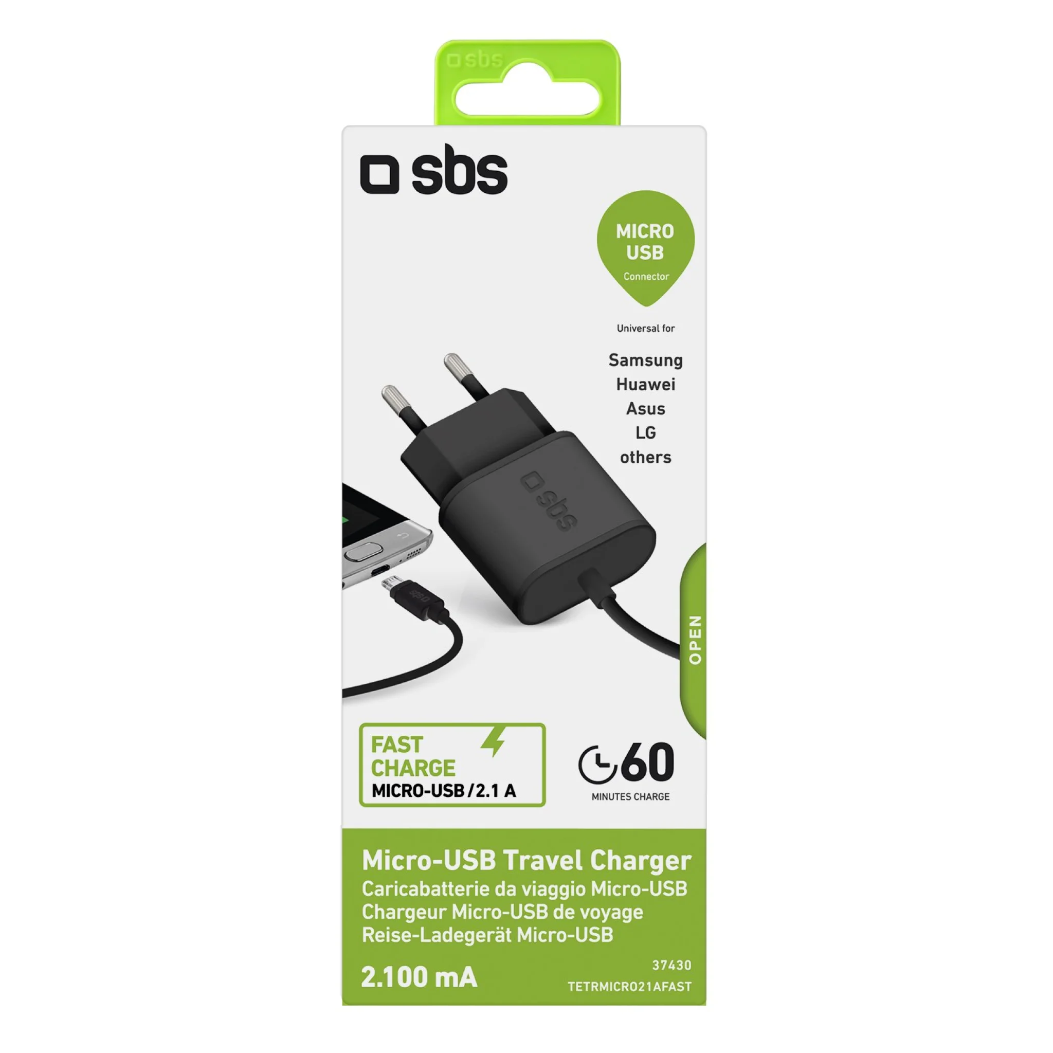 SBS 2100 mAh oplader. 2.1A. Sort