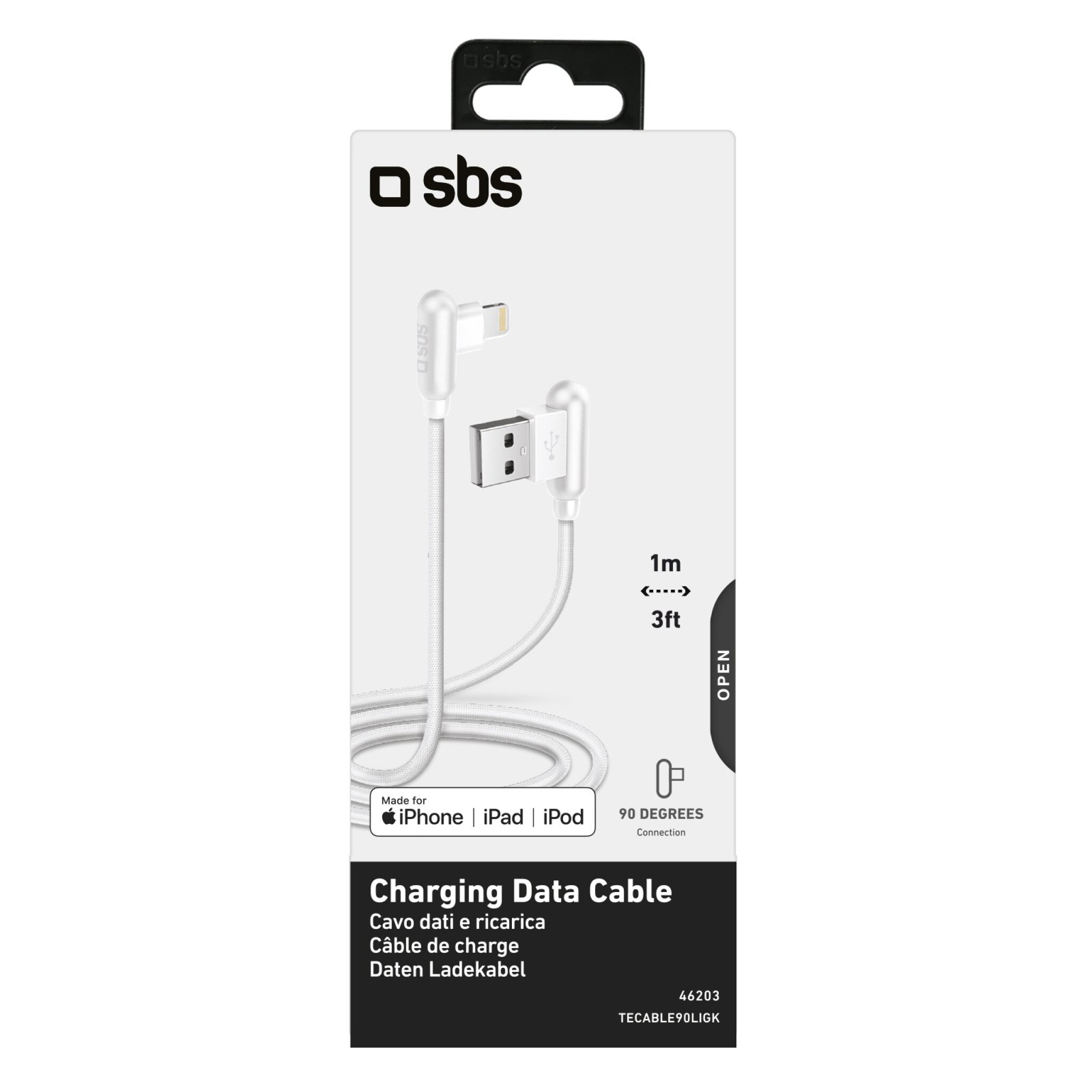 SBS 90° Lightning kabel. 1m. Hvid