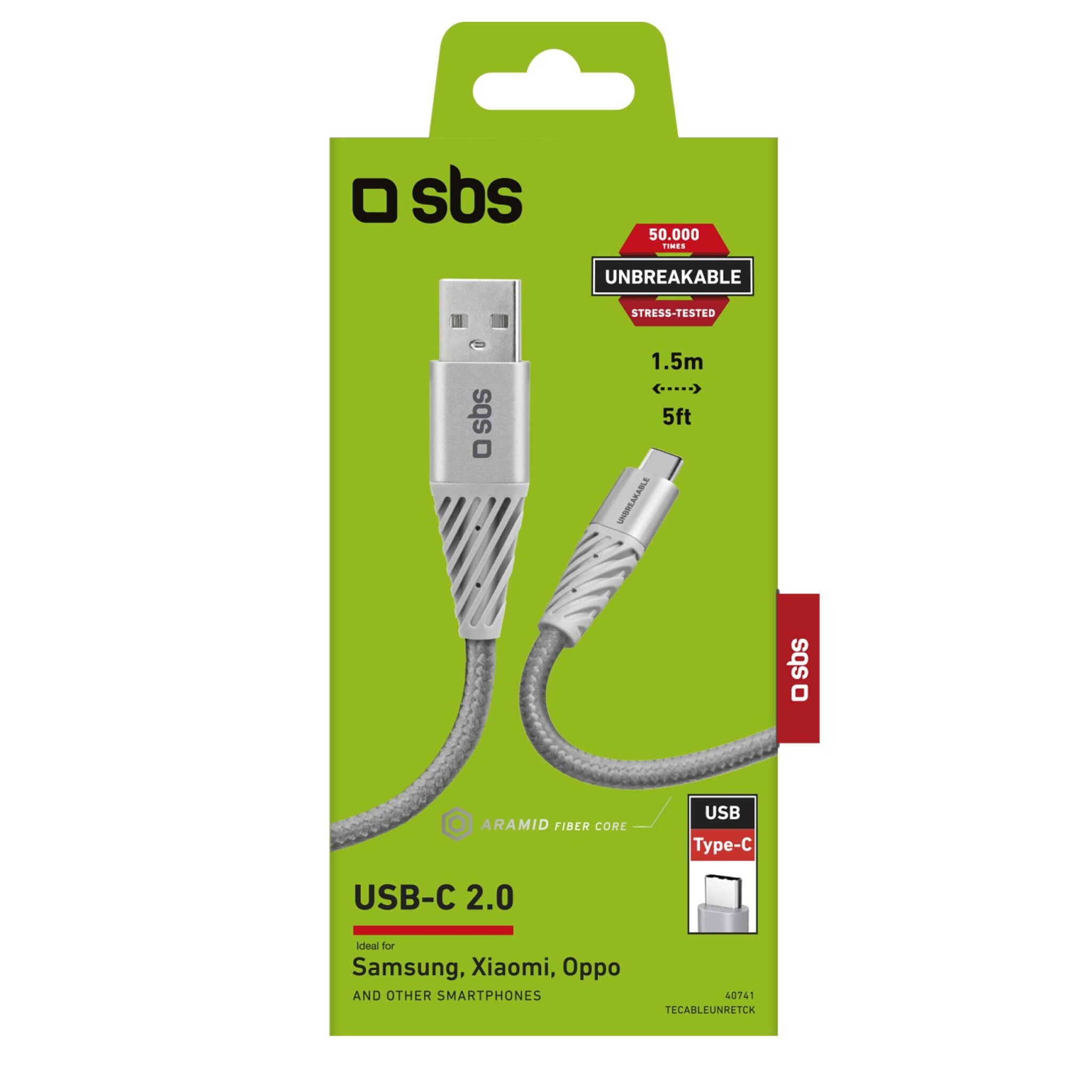 SBS ultra-holdbart aramid fiber USB - USB C kabel. Grå