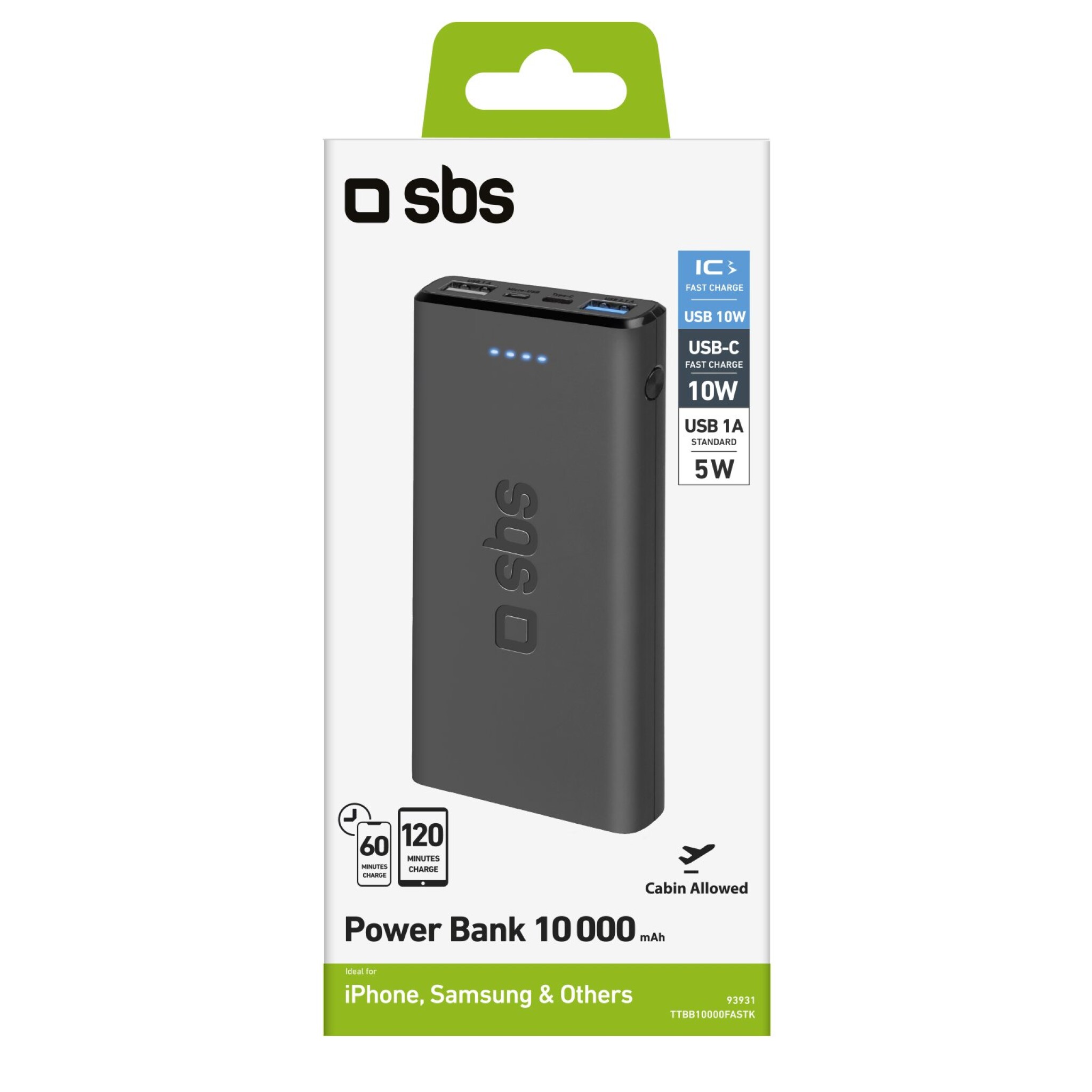 SBS hurtigtopladende powerbank. 10,000 mAh. Sort