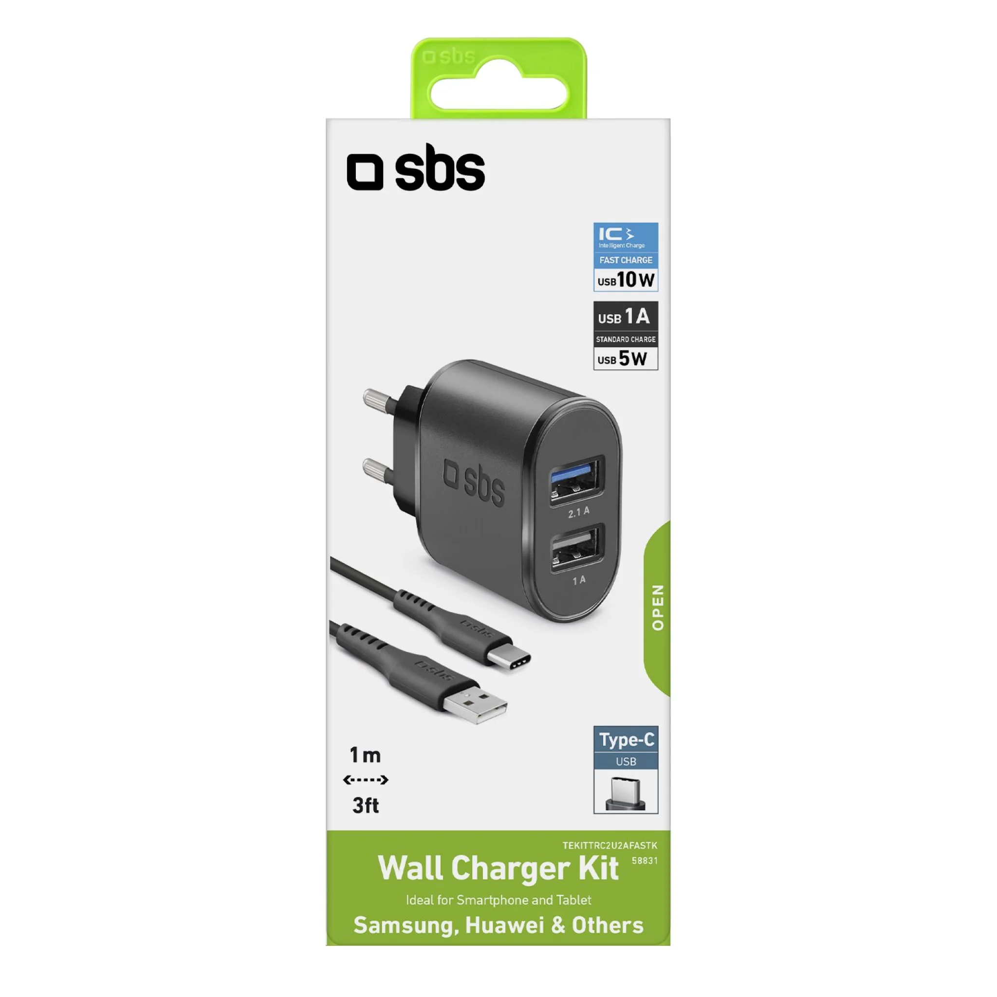 SBS 2100 mAh oplader. 1m USB - USB C kabel. Sort