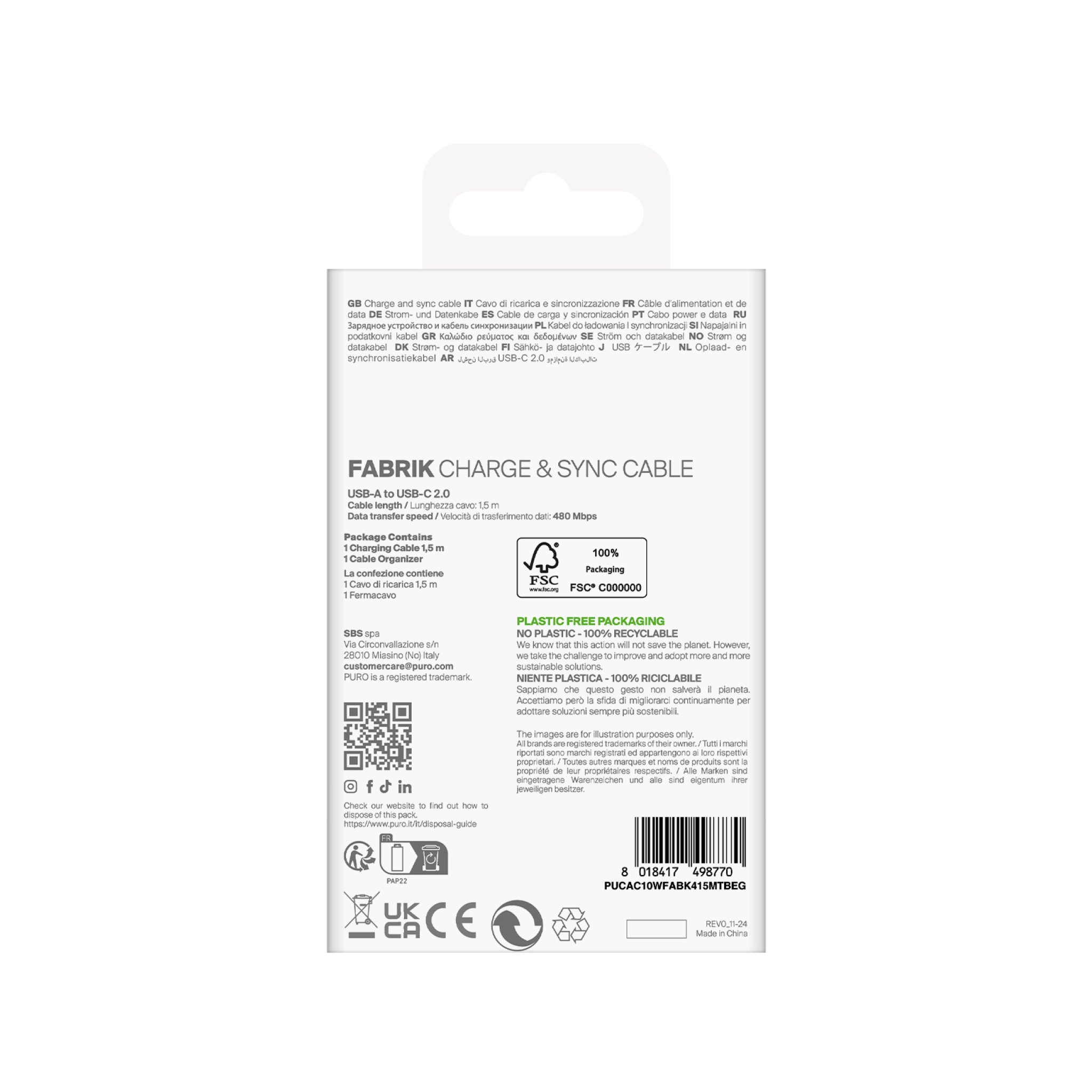 PURO Fabrik 2.0 USB-A - USB-C opladnings- og synkroniseringskabel