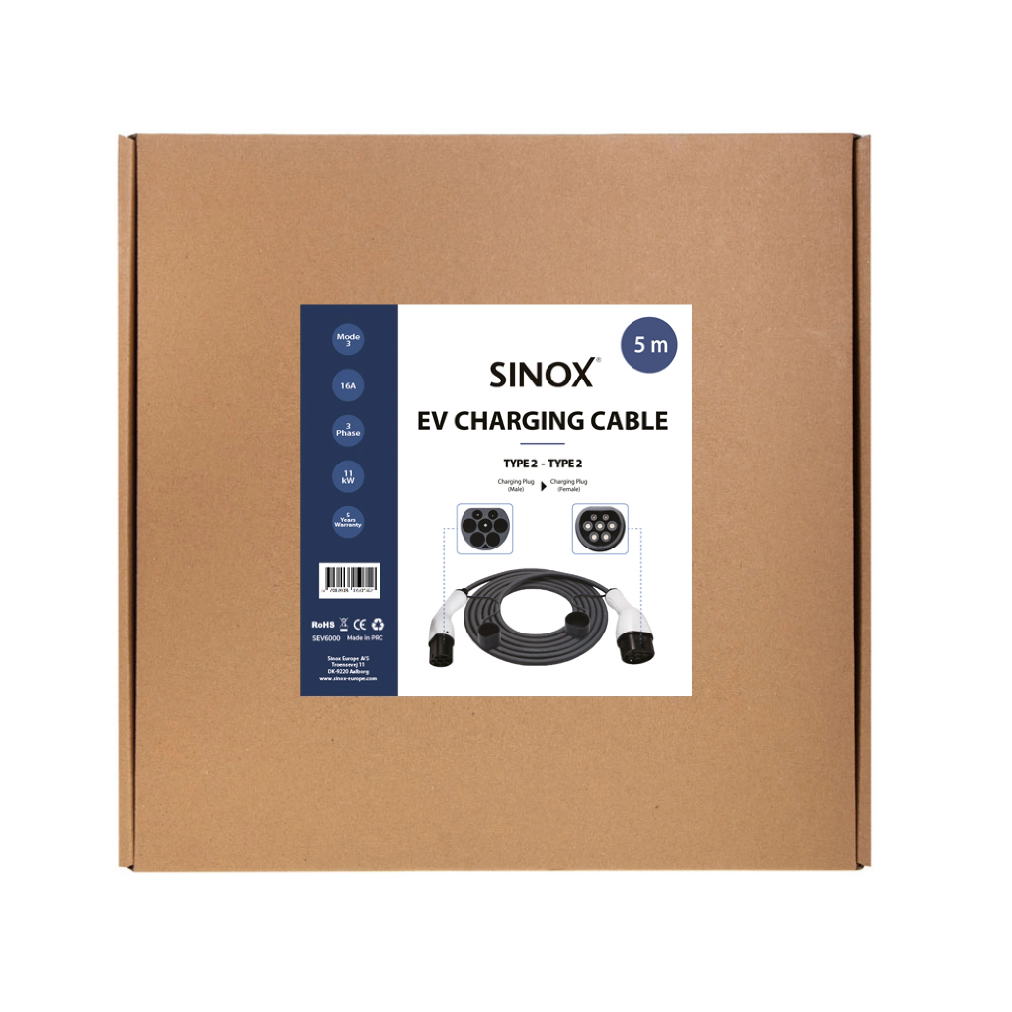 Sinox EV ladekabel mode 3. 16A 3 faser. 5m. Sort