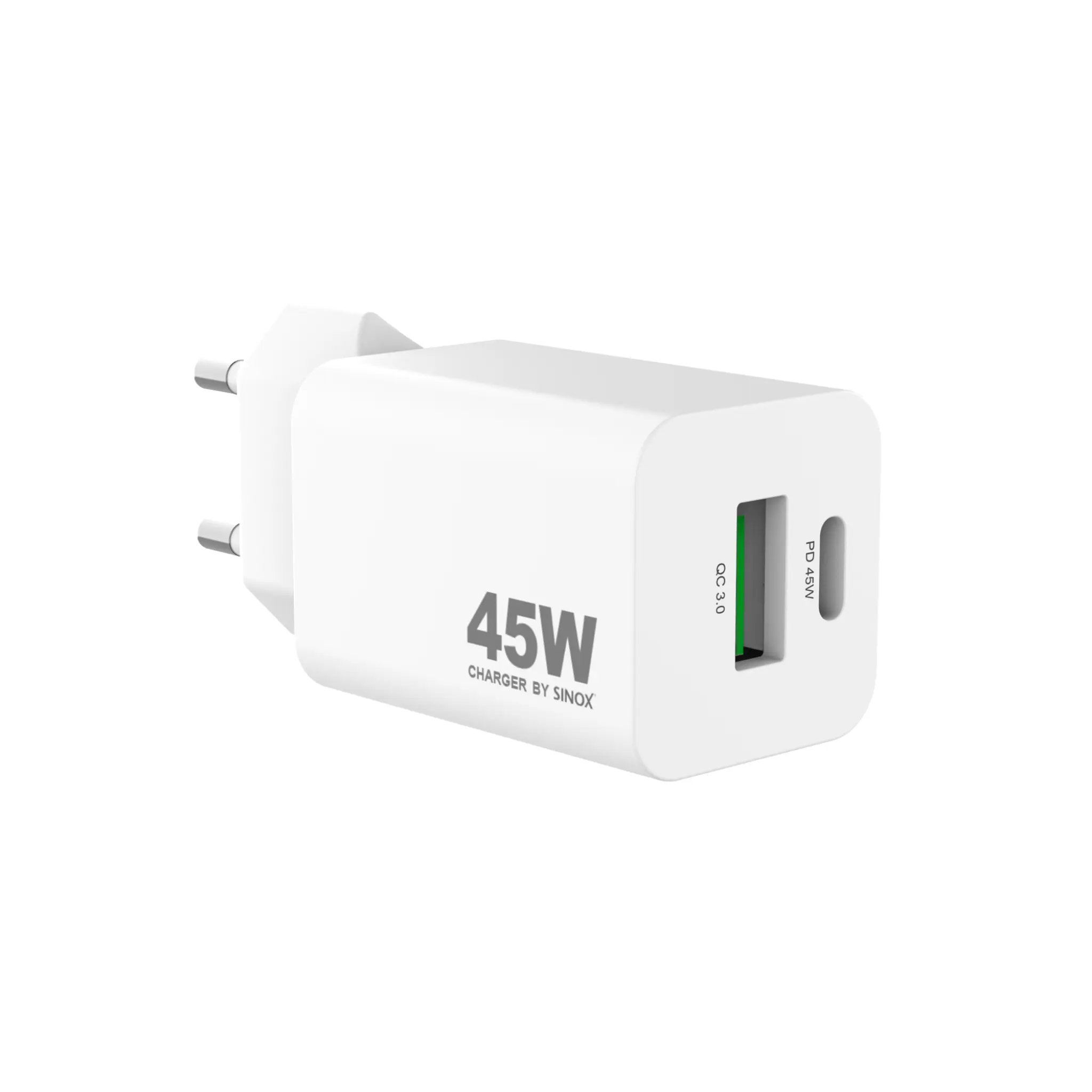 Sinox PRO 230V USB-A+USB-C PD oplader 45W. Hvid