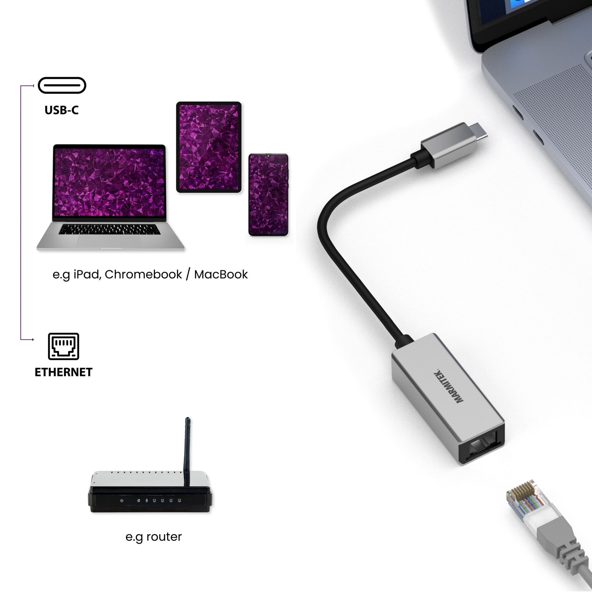 Marmitek USB-C til Ethernet adapter. 0,15m