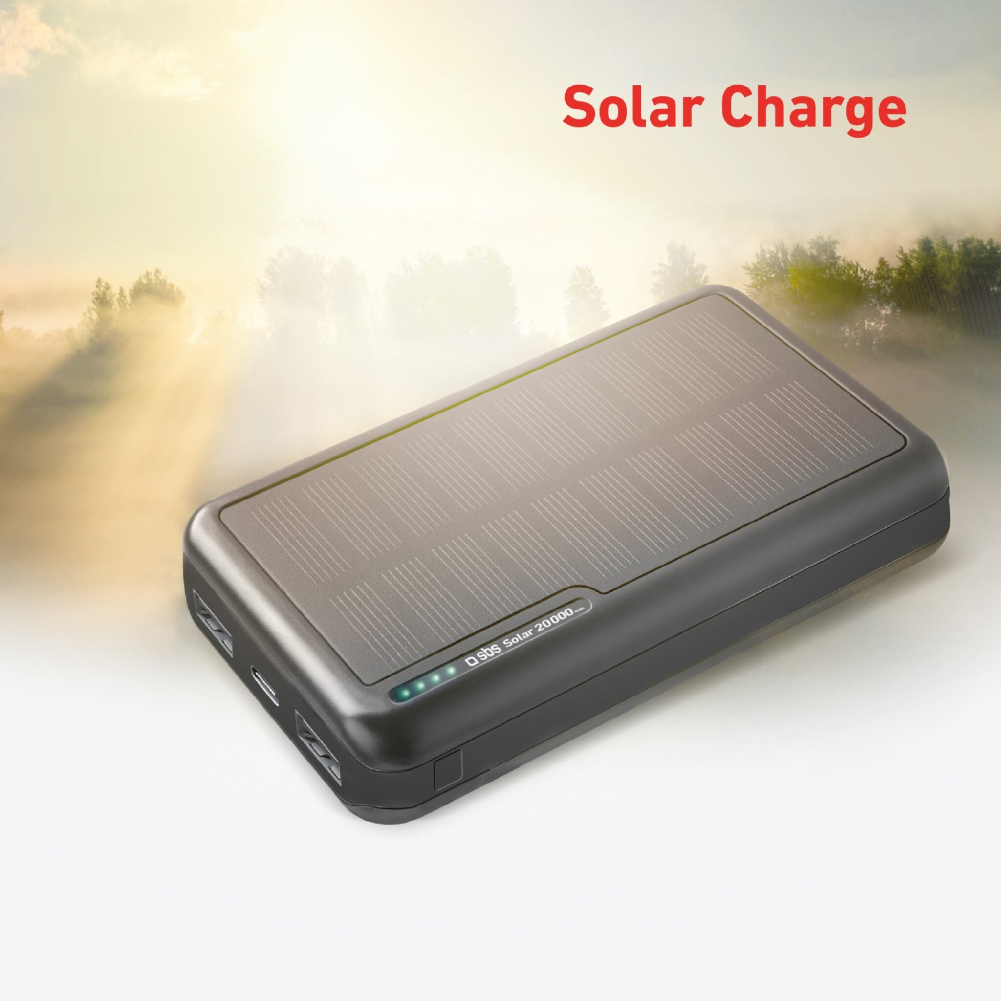 SBS powerbank med solceller. 20.000 mAh. Sort