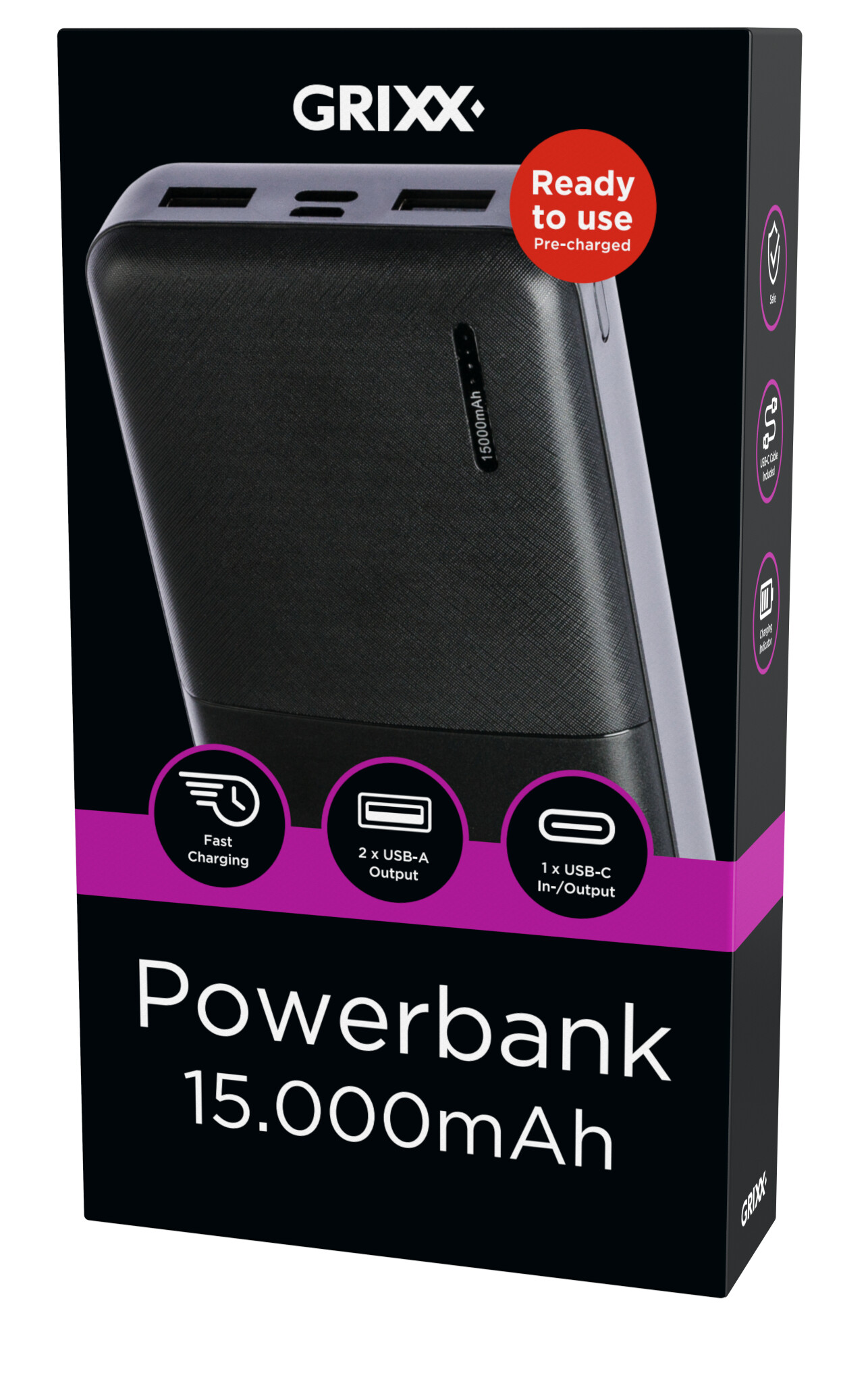 Grixx Powerbank 15.000mAh. Sort