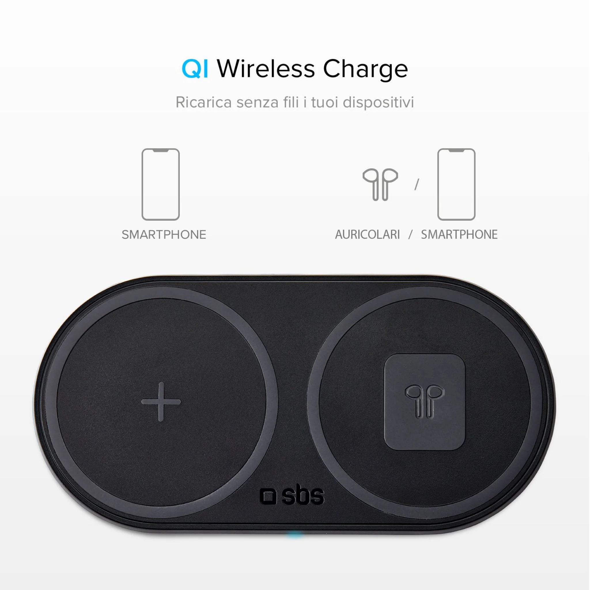 SBS dobbelt trådløs 10W+10W Qi opladerplade. Sort