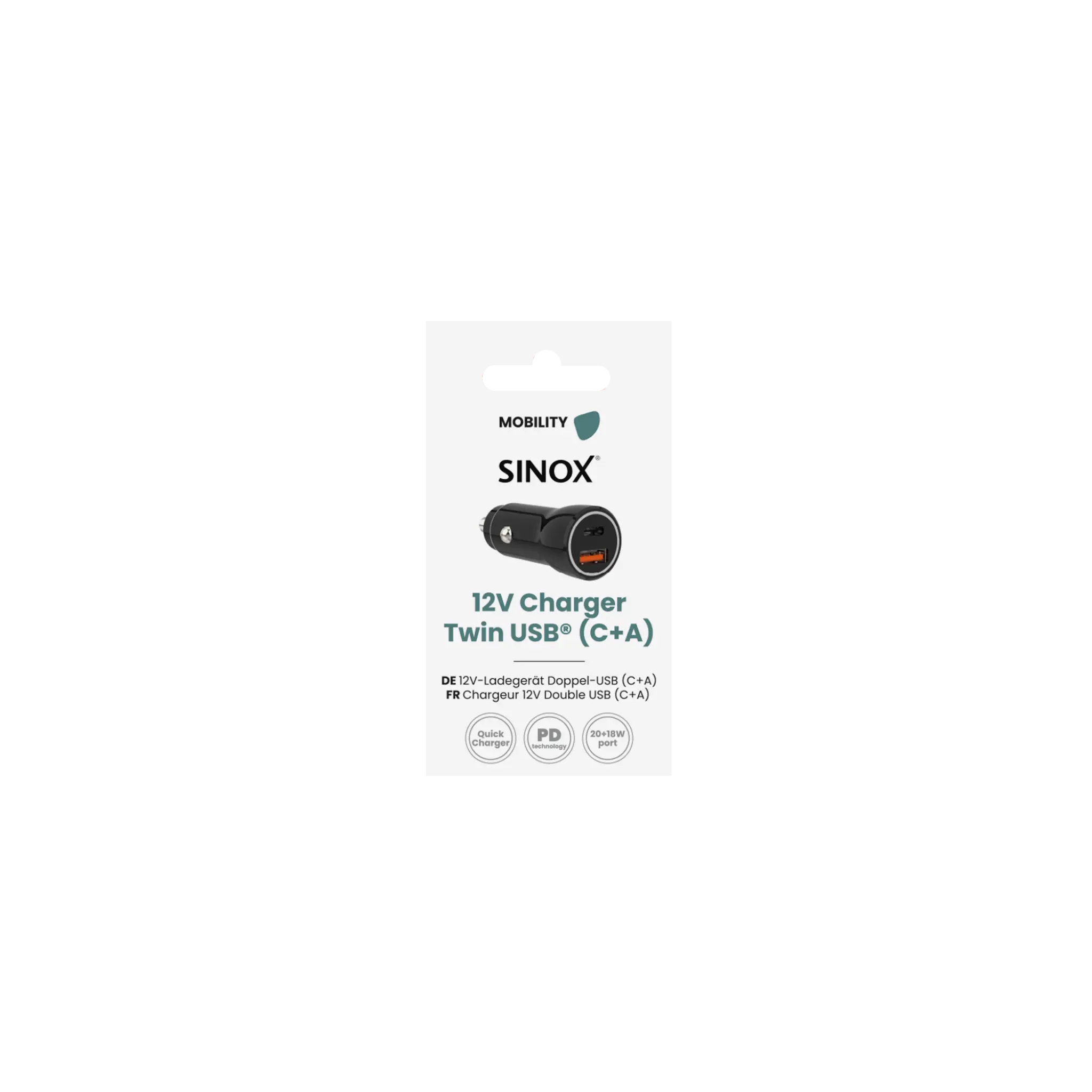 Sinox 12V dobbelt USB biloplader. USB A 18W + USB C 20W. Sort